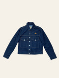 Lolly and Lotus VIVIENNE WESTWOOD ANGLOMANIA dark wash denim jacket with orange orb logo embroidery and button front.