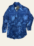 Lolly and Lotus Vivienne Westwood Anglomania dark blue denim long shirt with white celestial and floral print patterns.