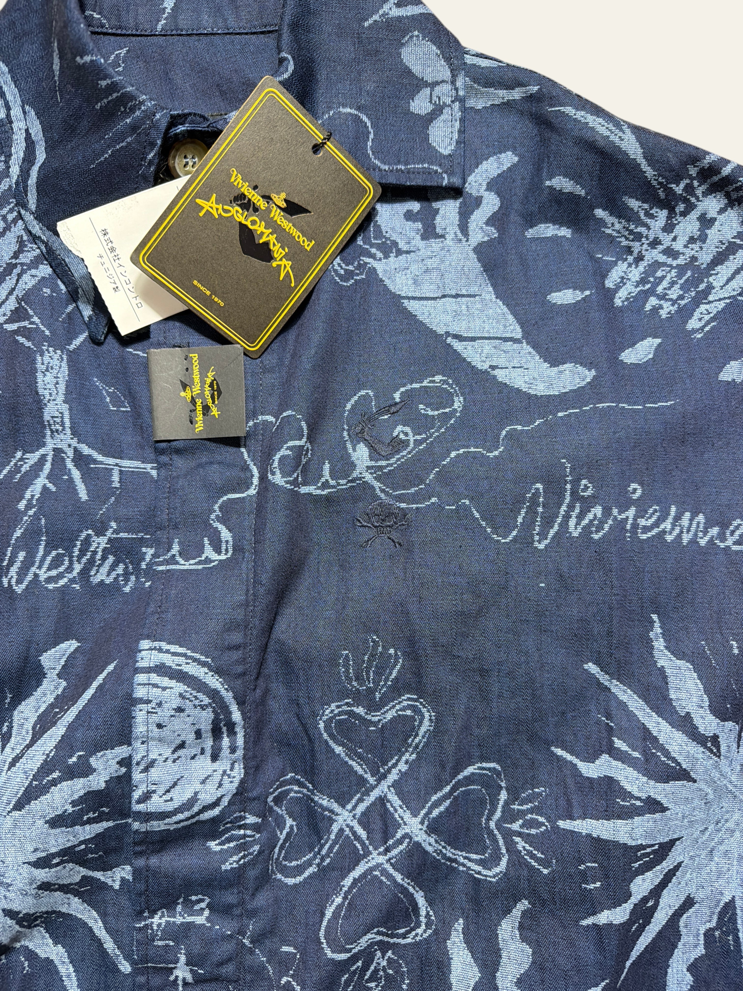 Lolly and Lotus Vivienne Westwood Anglomania navy blue denim long shirt with white graphic print and brand tags