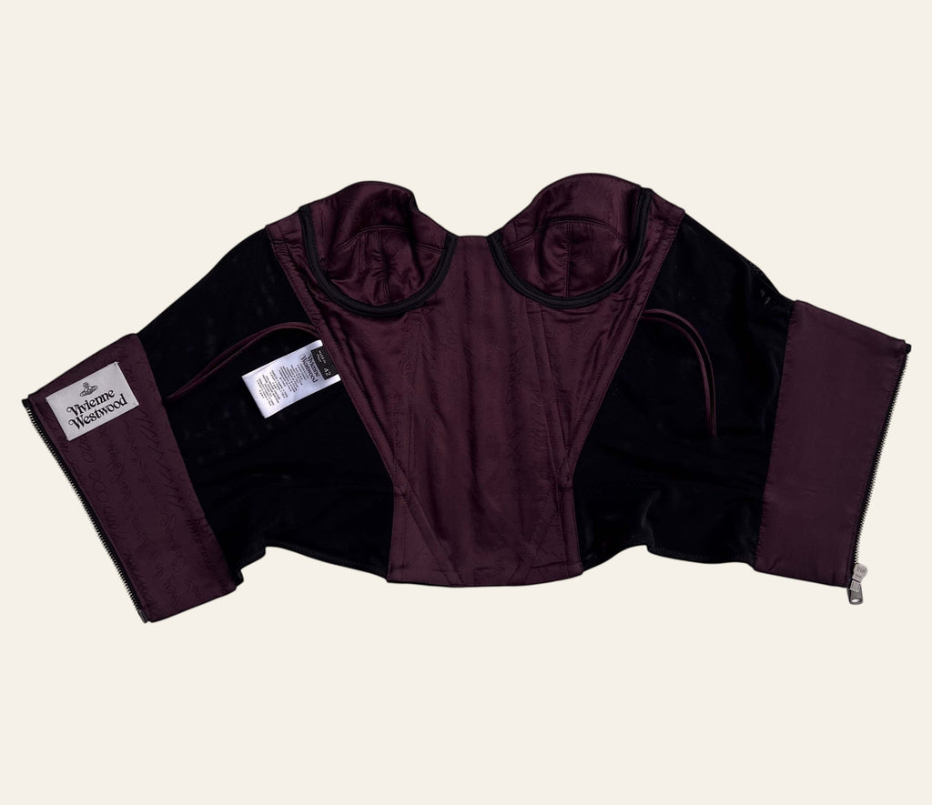 Lolly and Lotus Vivienne Westwood Fargo corset bustier in black brocade with moulded cups and purple interior lining.