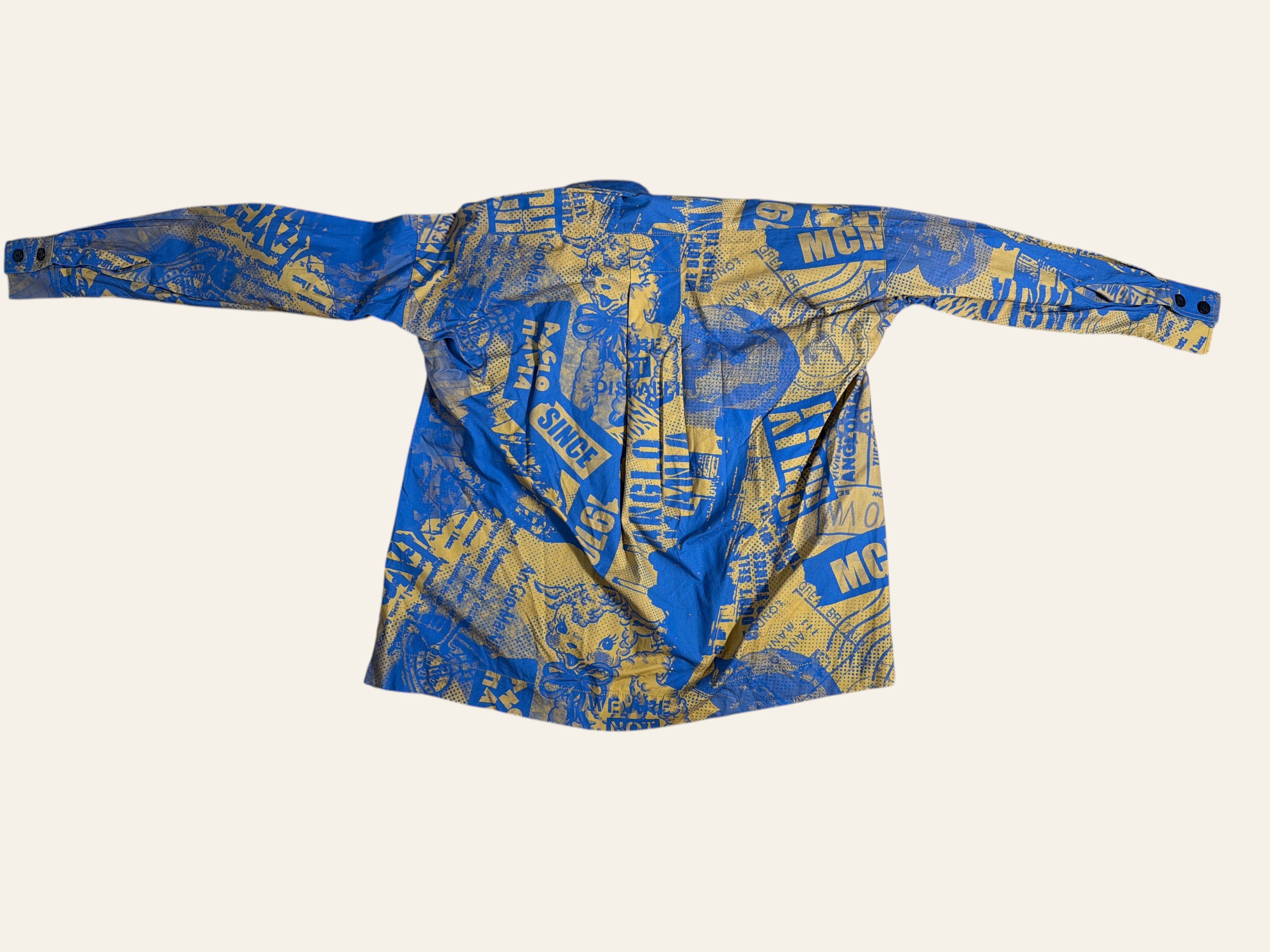 Lolly and Lotus Vivienne Westwood Anglomania long sleeve shirt in blue and yellow with distressed graphic print