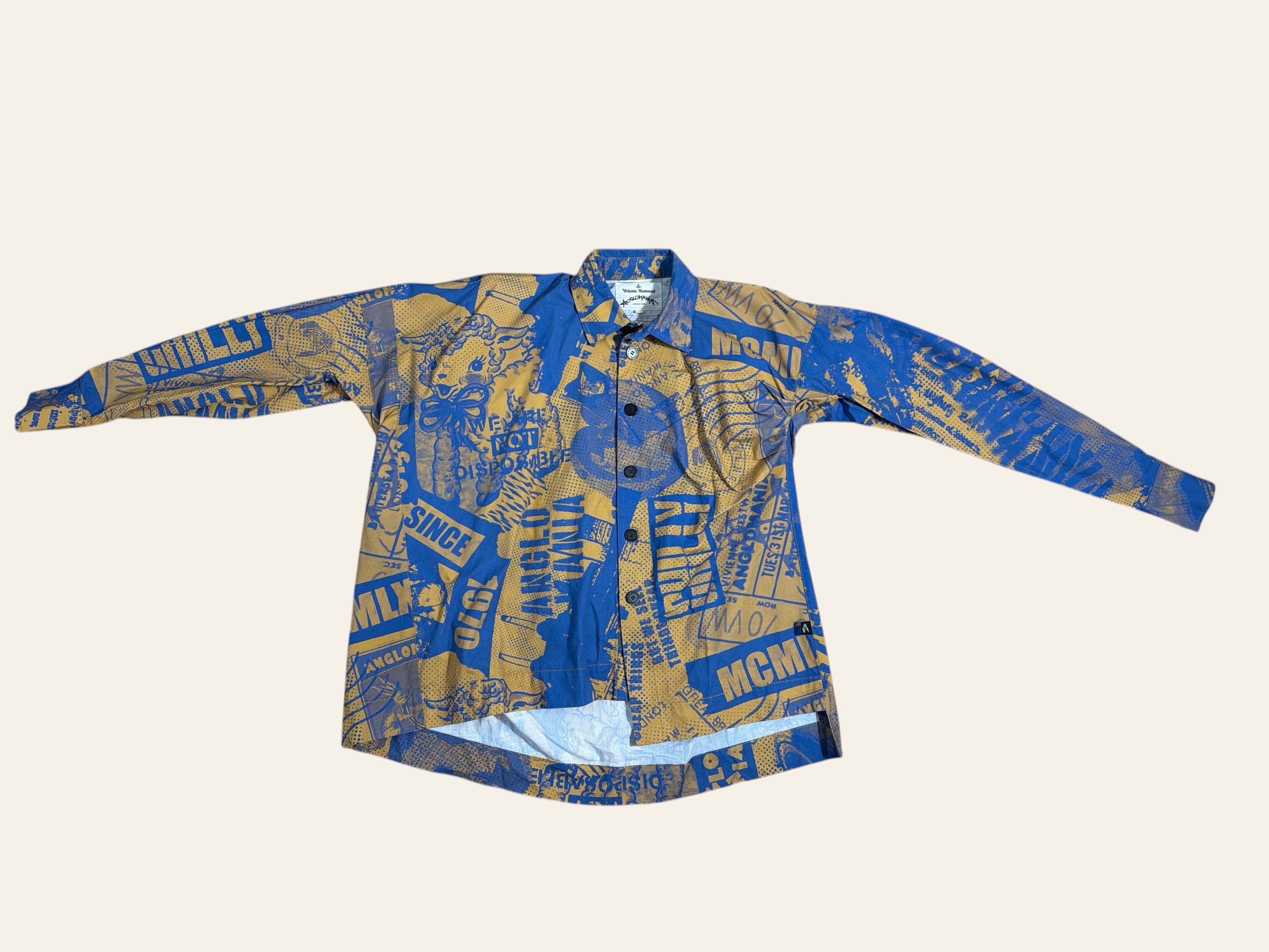 Lolly and Lotus Vivienne Westwood Anglomania blue and yellow long sleeve button-down shirt with graphic typography