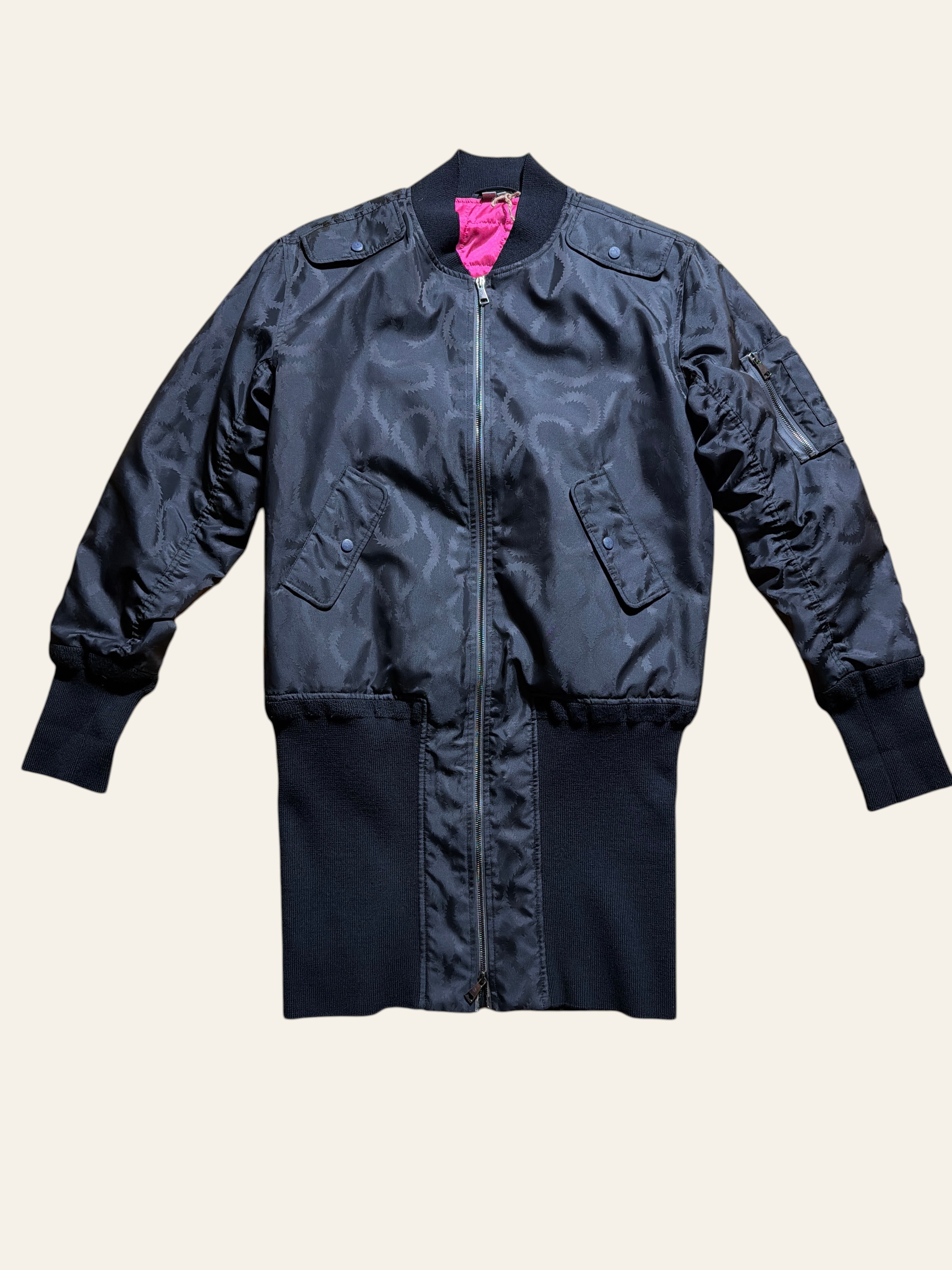 Lolly and Lotus Vivienne Westwood MAN black jacquard longline bomber jacket with hot pink quilted lining.