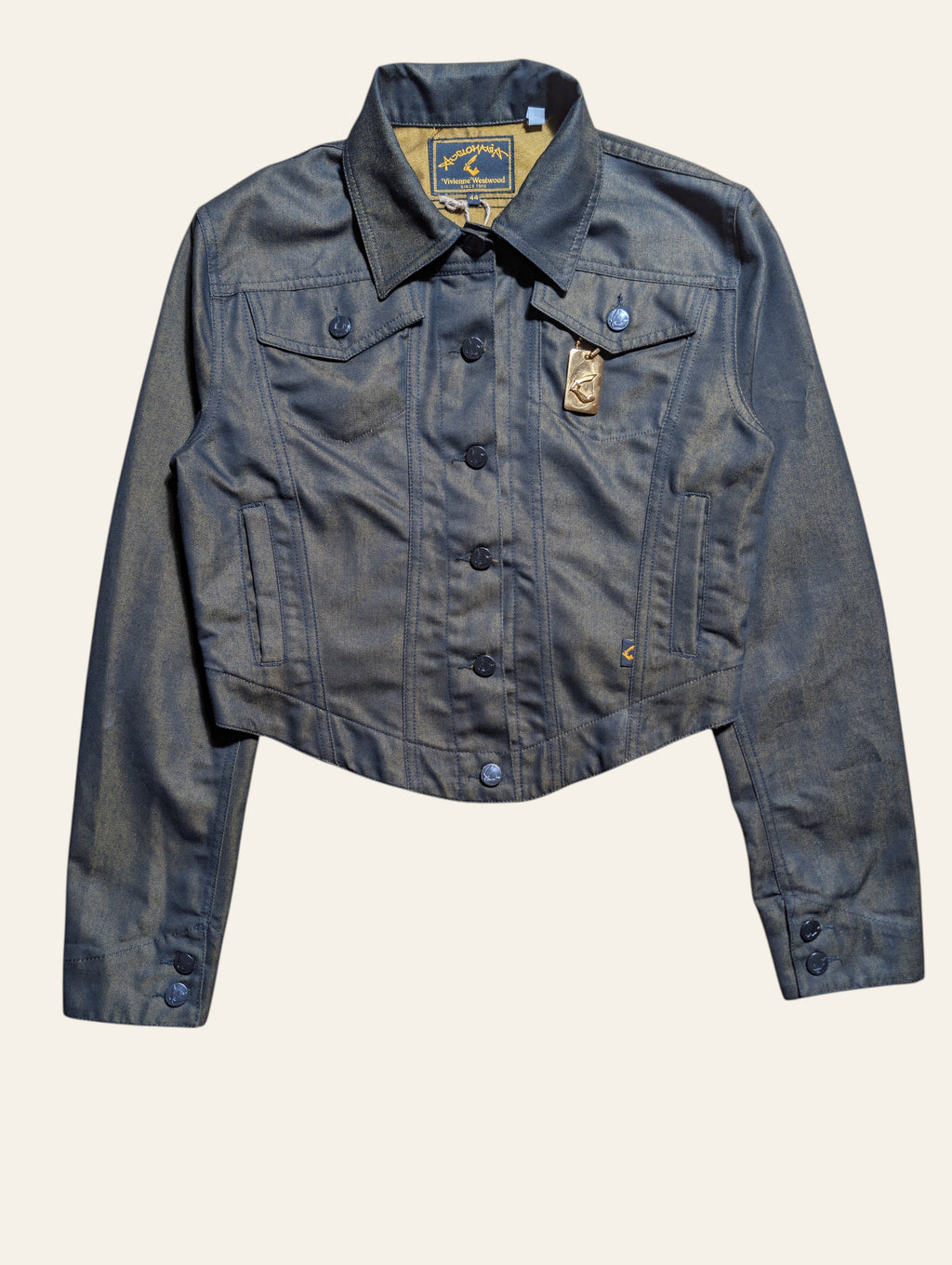 Lolly and Lotus Vivienne Westwood Anglomania metallic gold and black cotton trucker jacket with arm and cutlass buttons
