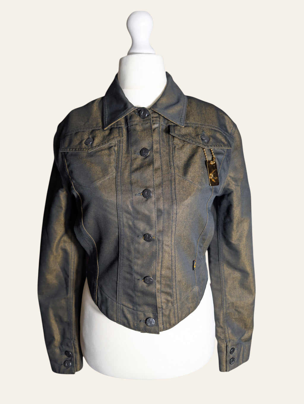 Lolly and Lotus Vivienne Westwood Anglomania trucker jacket in glossy black and gold metallic cotton blend with tag