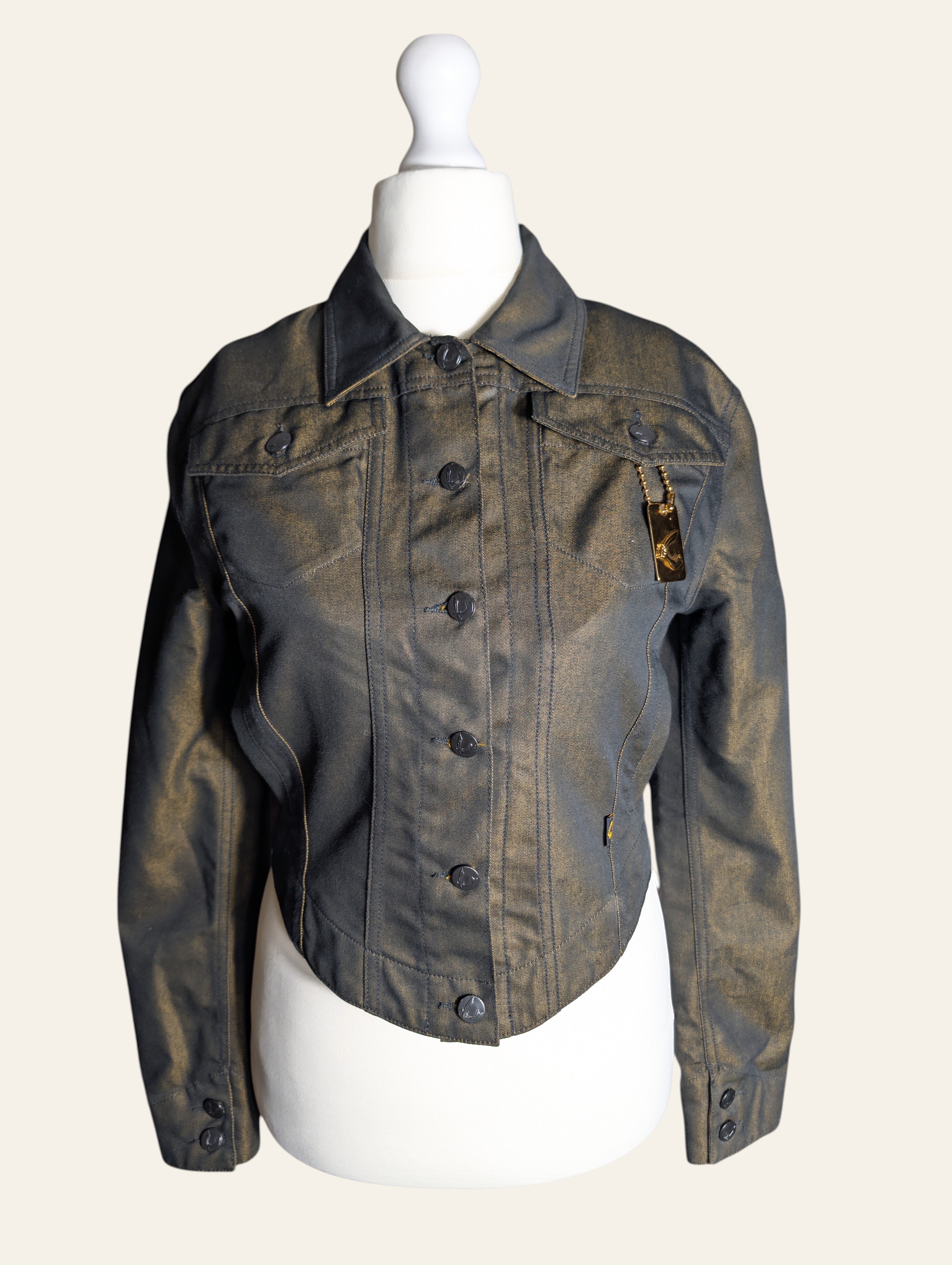 Lolly and Lotus Vivienne Westwood Anglomania trucker jacket in glossy black and gold metallic cotton blend with tag