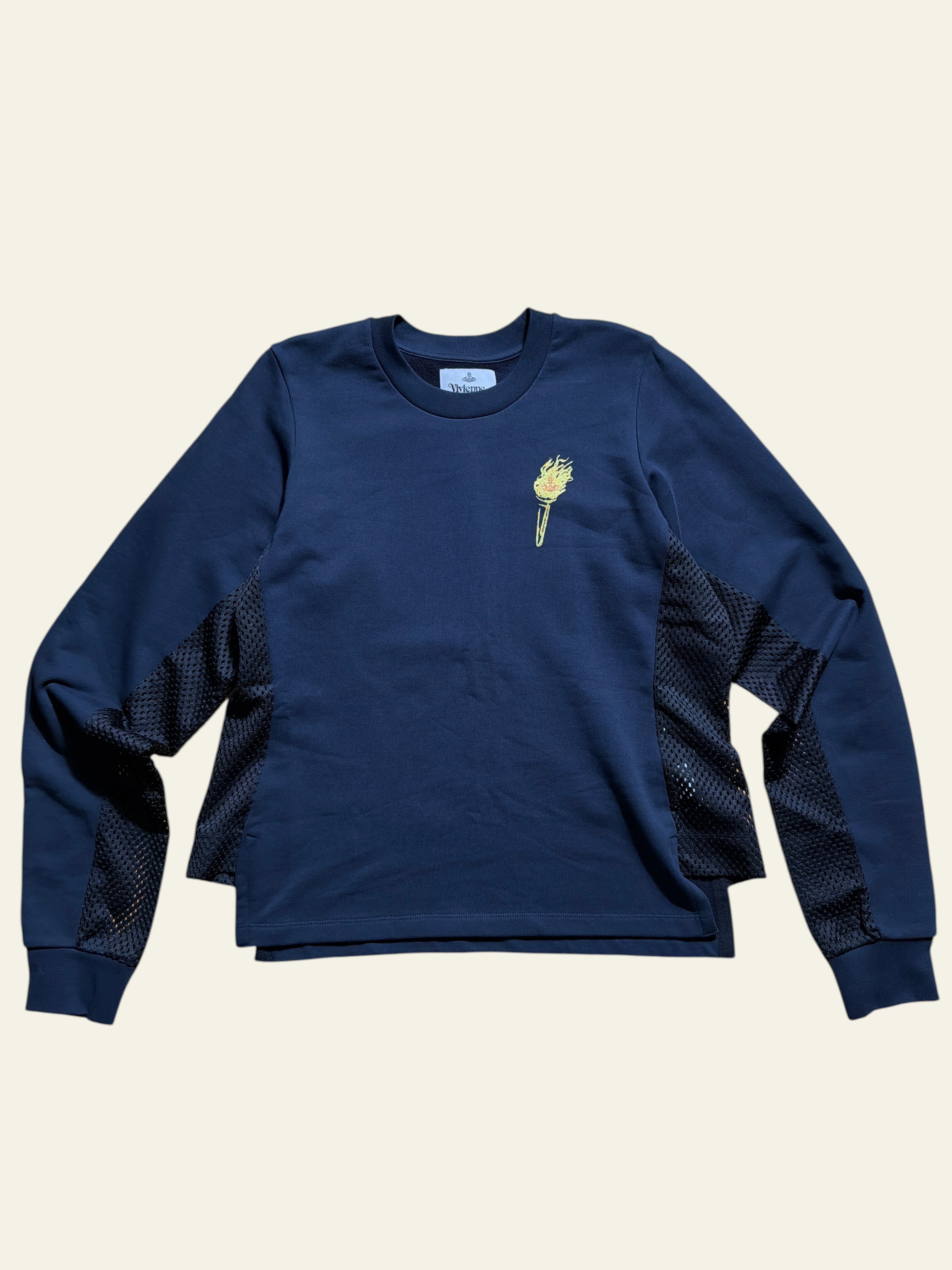 Lolly and Lotus Vivienne Westwood Iris navy sweatshirt with black mesh side panels and yellow torch embroidery