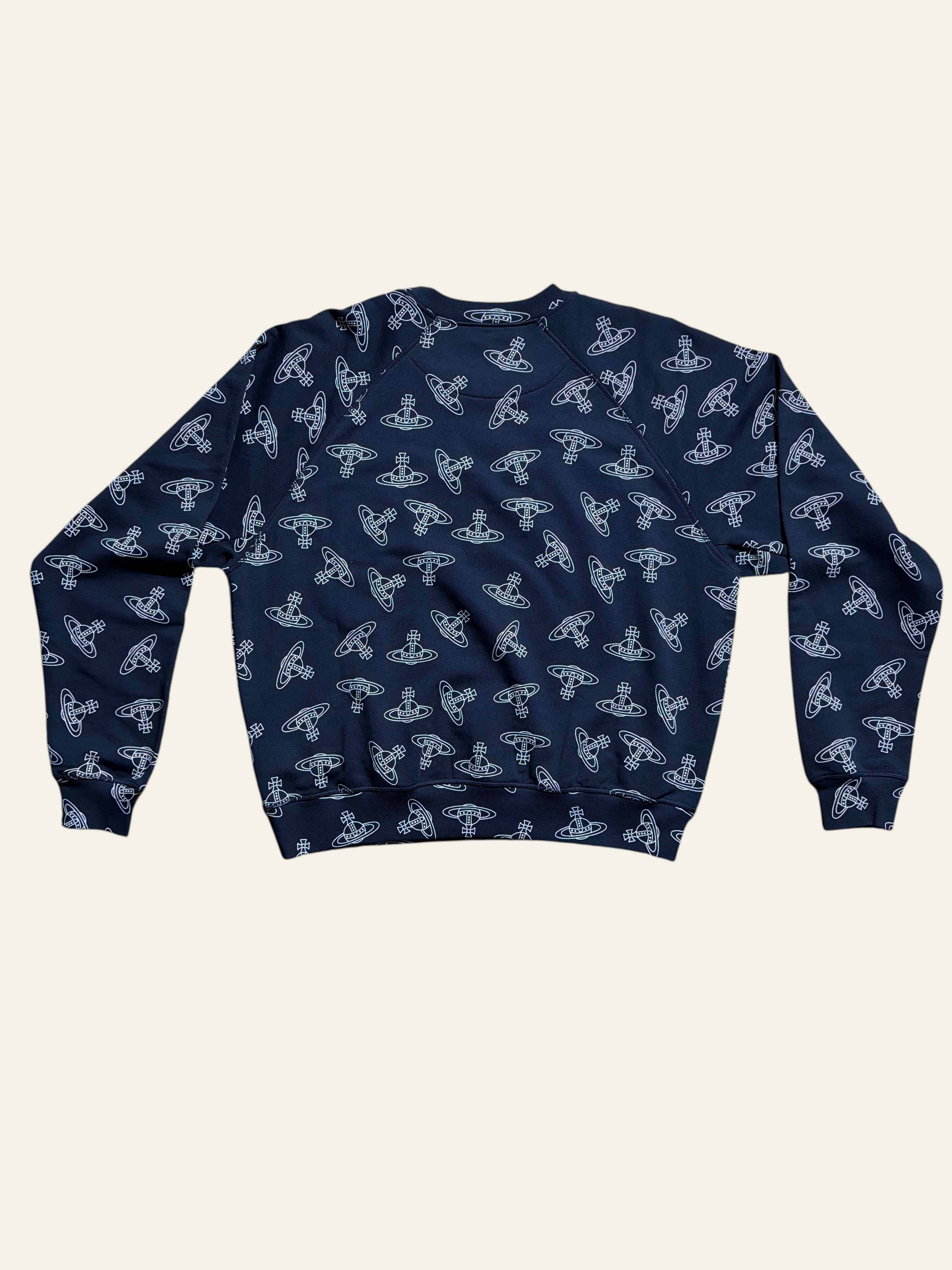 Lolly and Lotus Vivienne Westwood unisex raglan sweatshirt in navy blue with an all-over white orb logo print.