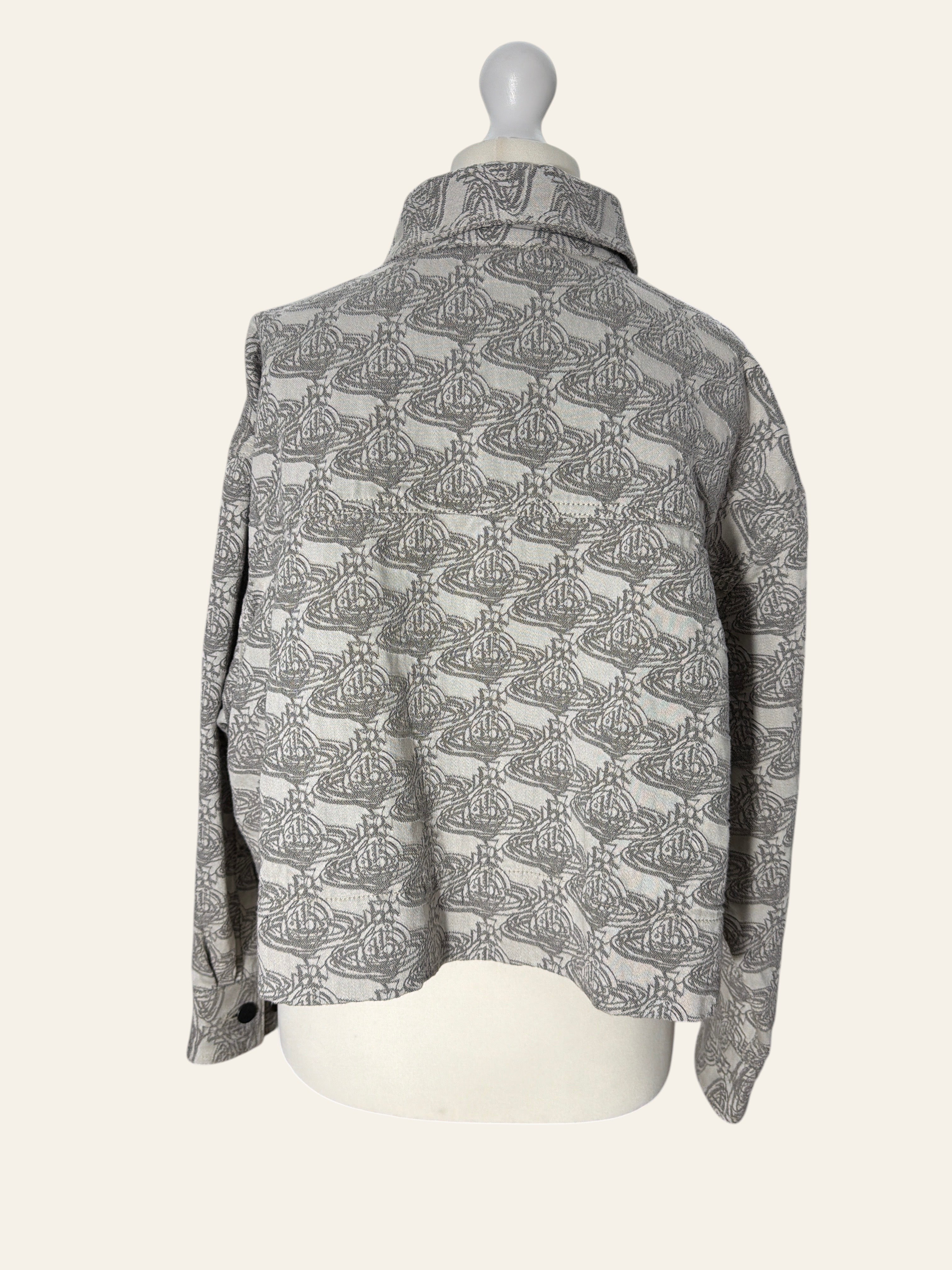 Lolly and Lotus Vivienne Westwood grey and white denim jacket with all-over Orb logo print on a mannequin