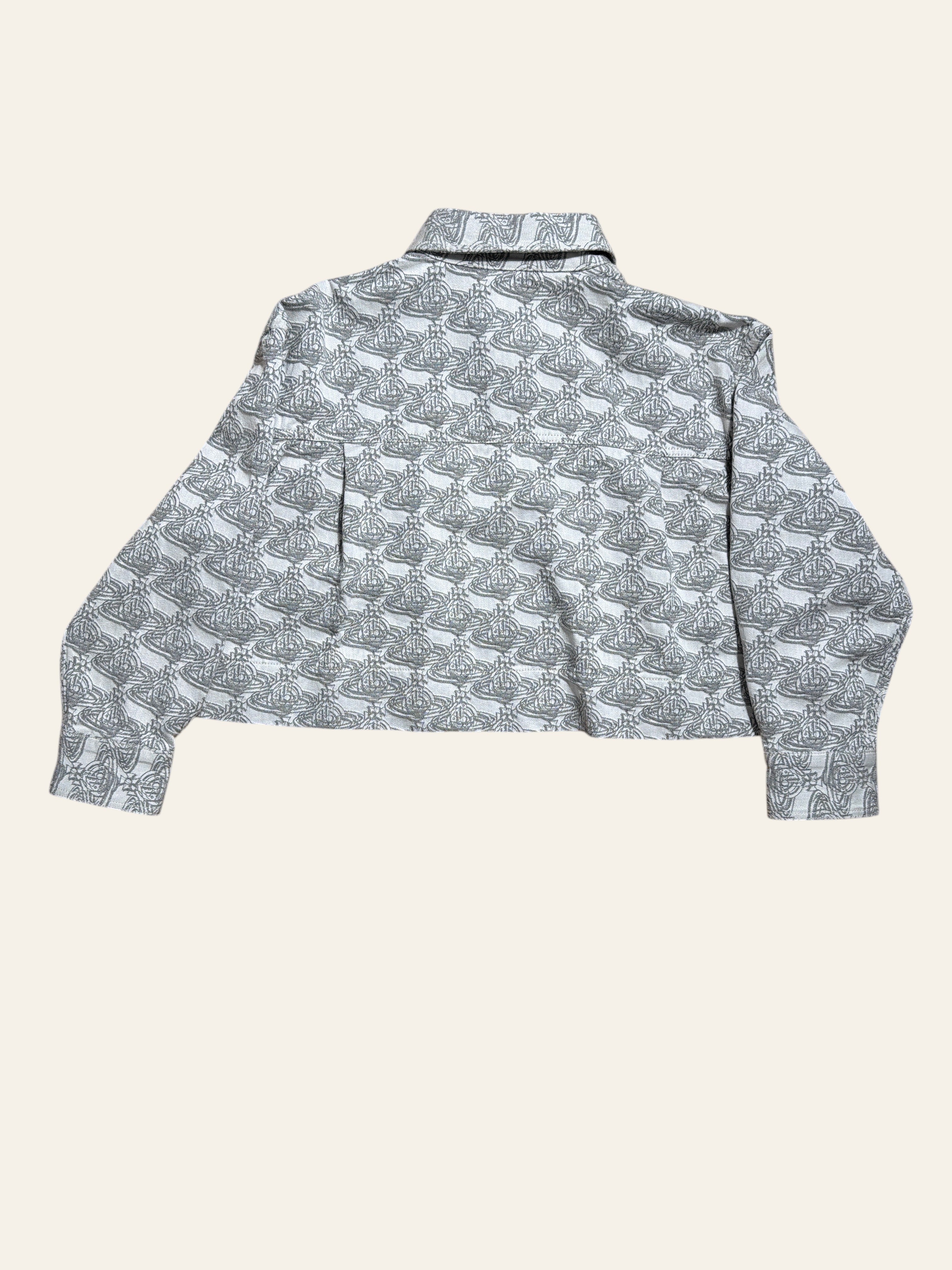 Lolly and Lotus Vivienne Westwood white and grey Orb logo print cropped denim jacket