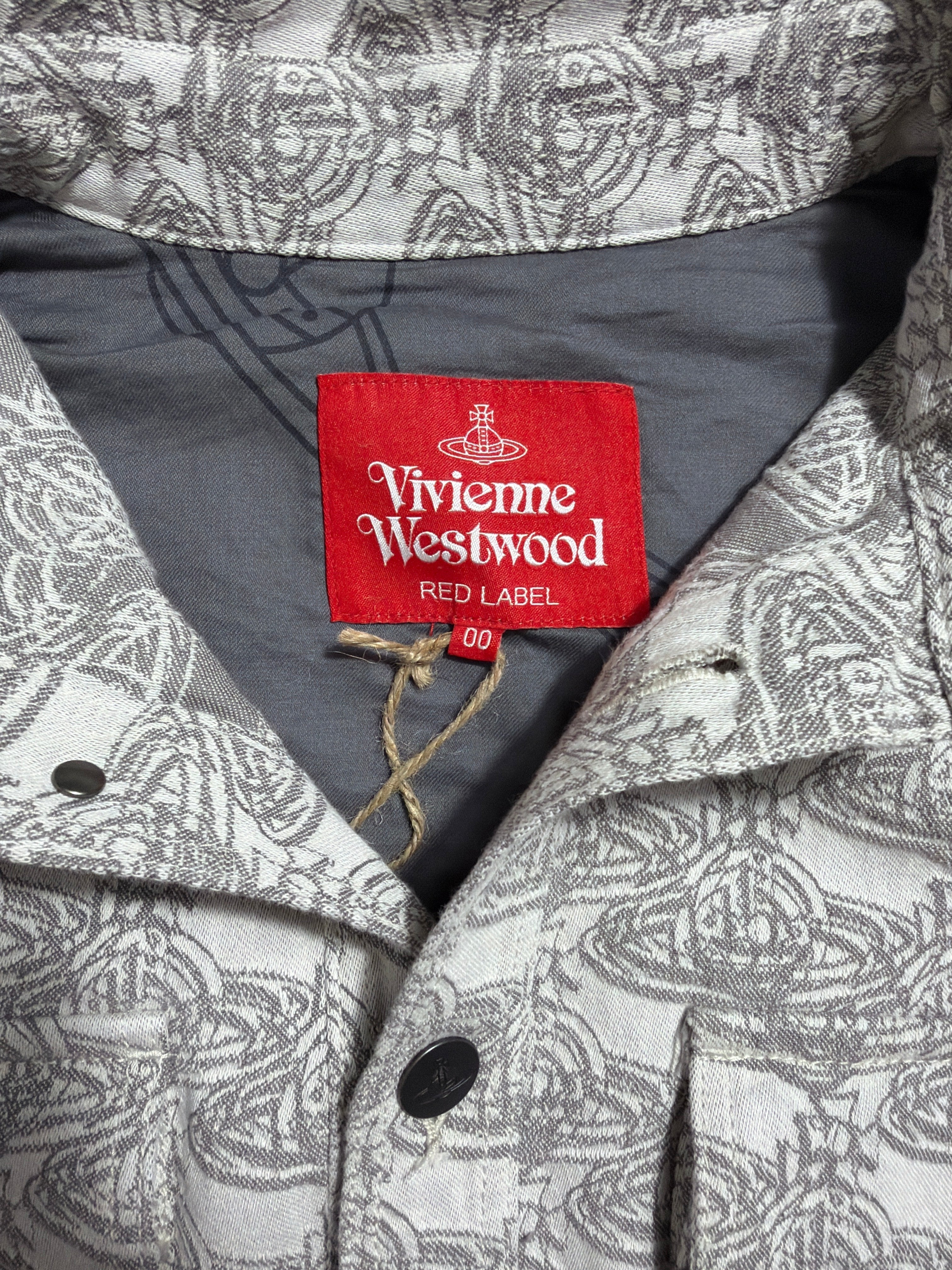 Lolly and Lotus Vivienne Westwood Red Label denim jacket featuring a grey and white orb pattern and size 00 tag.