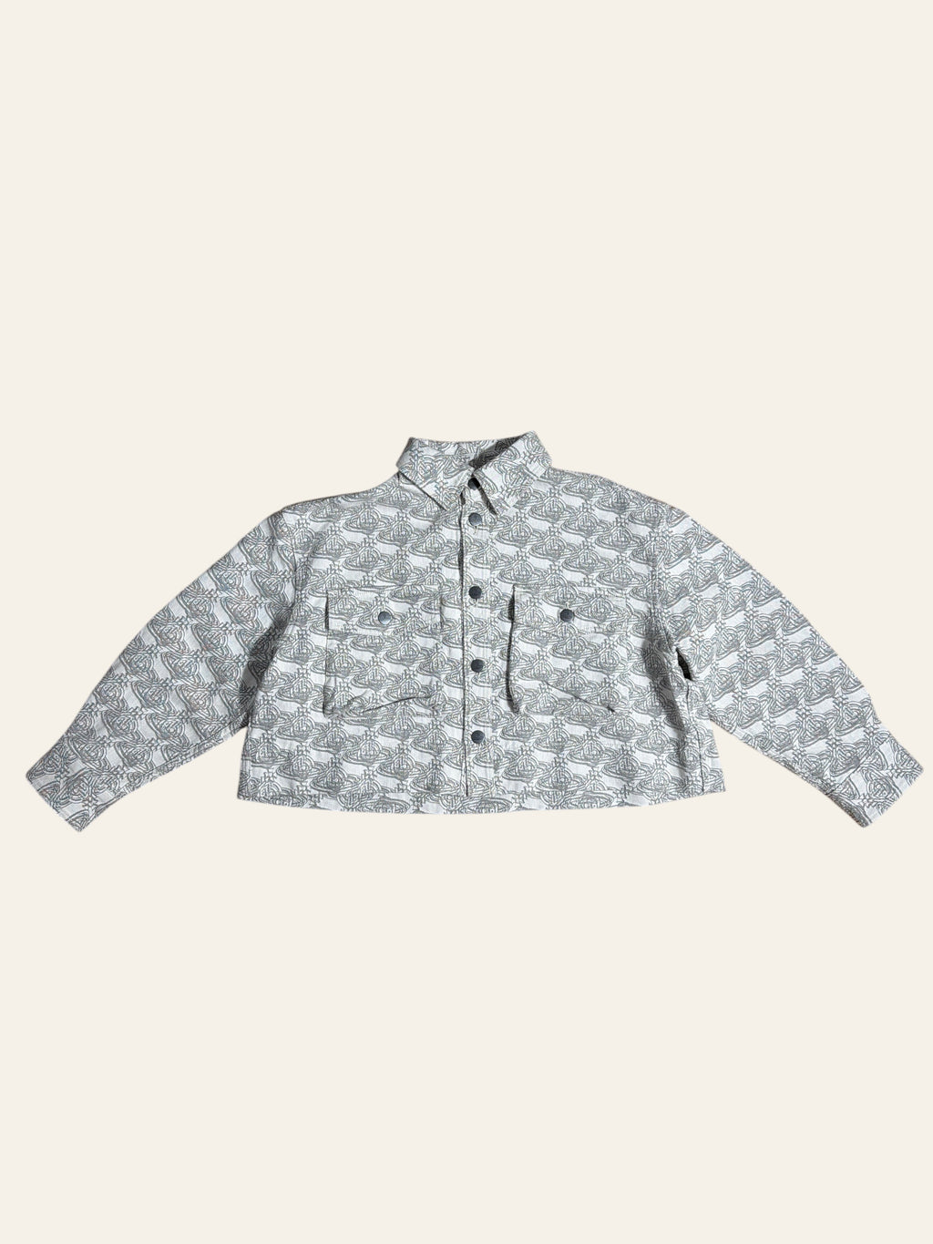 Lolly and Lotus Vivienne Westwood cropped denim jacket featuring an all-over grey and white Orb logo print.