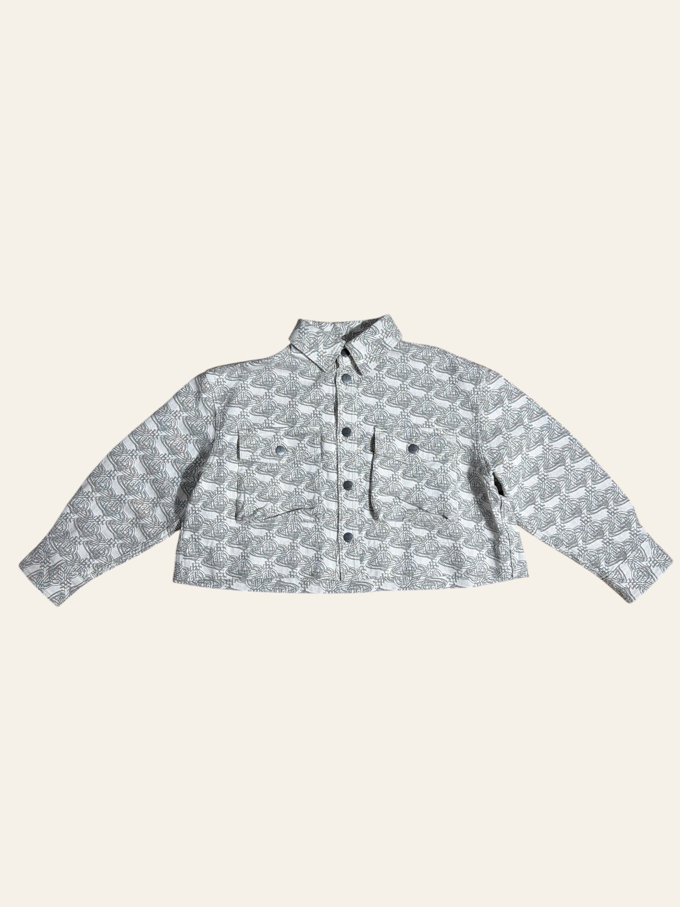 Lolly and Lotus Vivienne Westwood cropped denim jacket featuring an all-over grey and white Orb logo print.