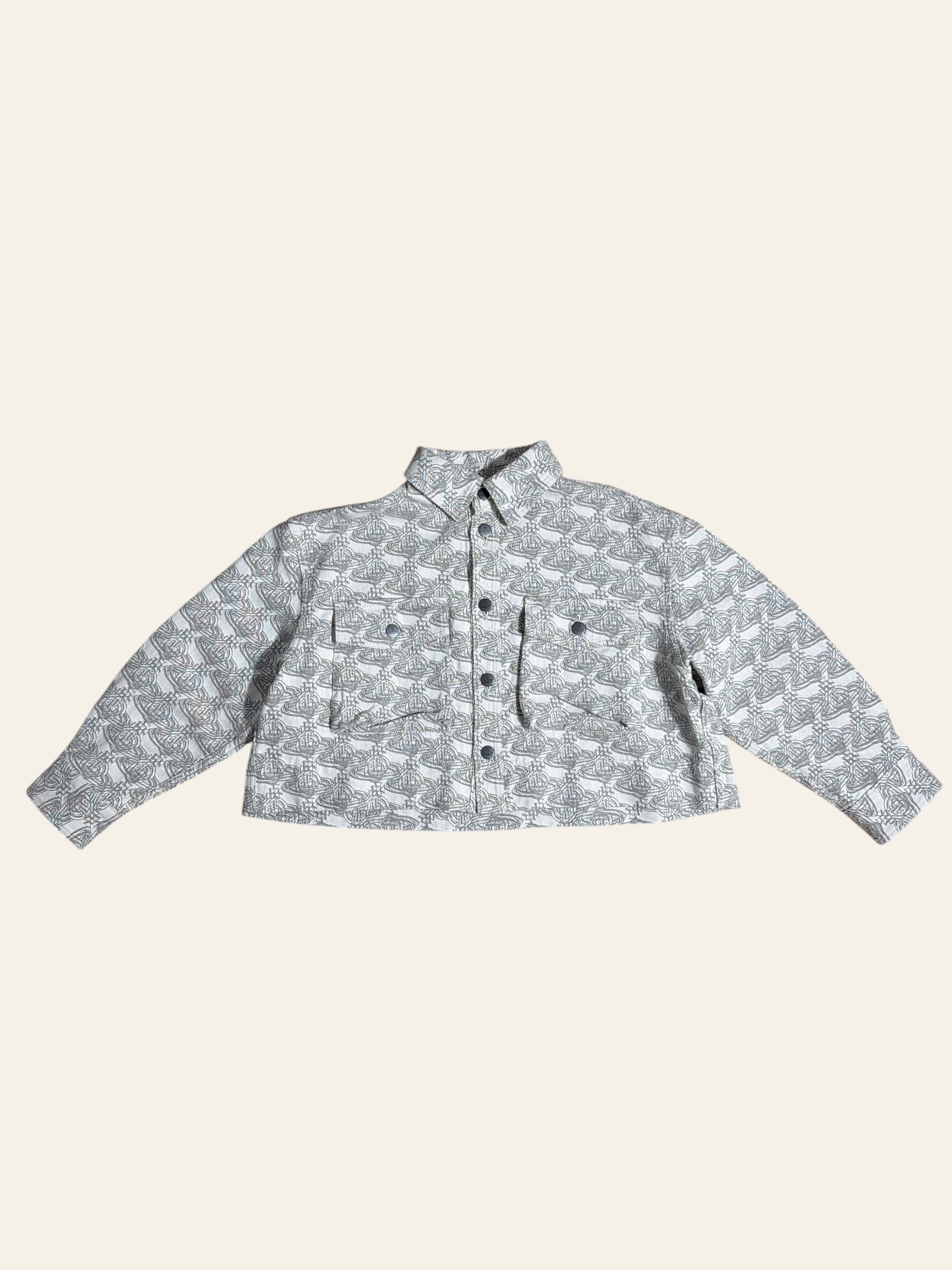 Lolly and Lotus Vivienne Westwood cropped denim jacket featuring an all-over grey and white Orb logo print.