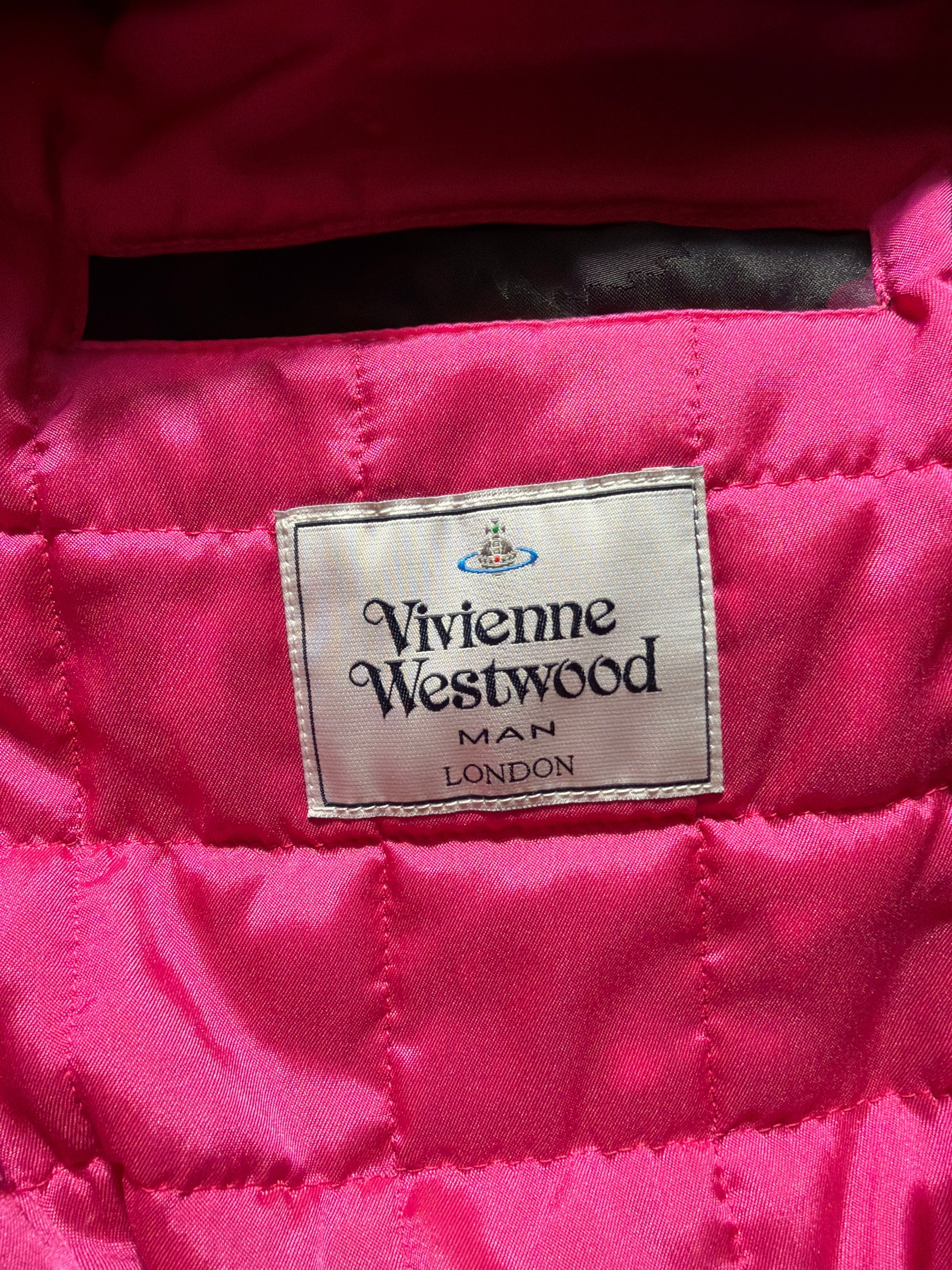 Lolly and Lotus Vivienne Westwood MAN label on a vibrant hot pink quilted bomber jacket lining
