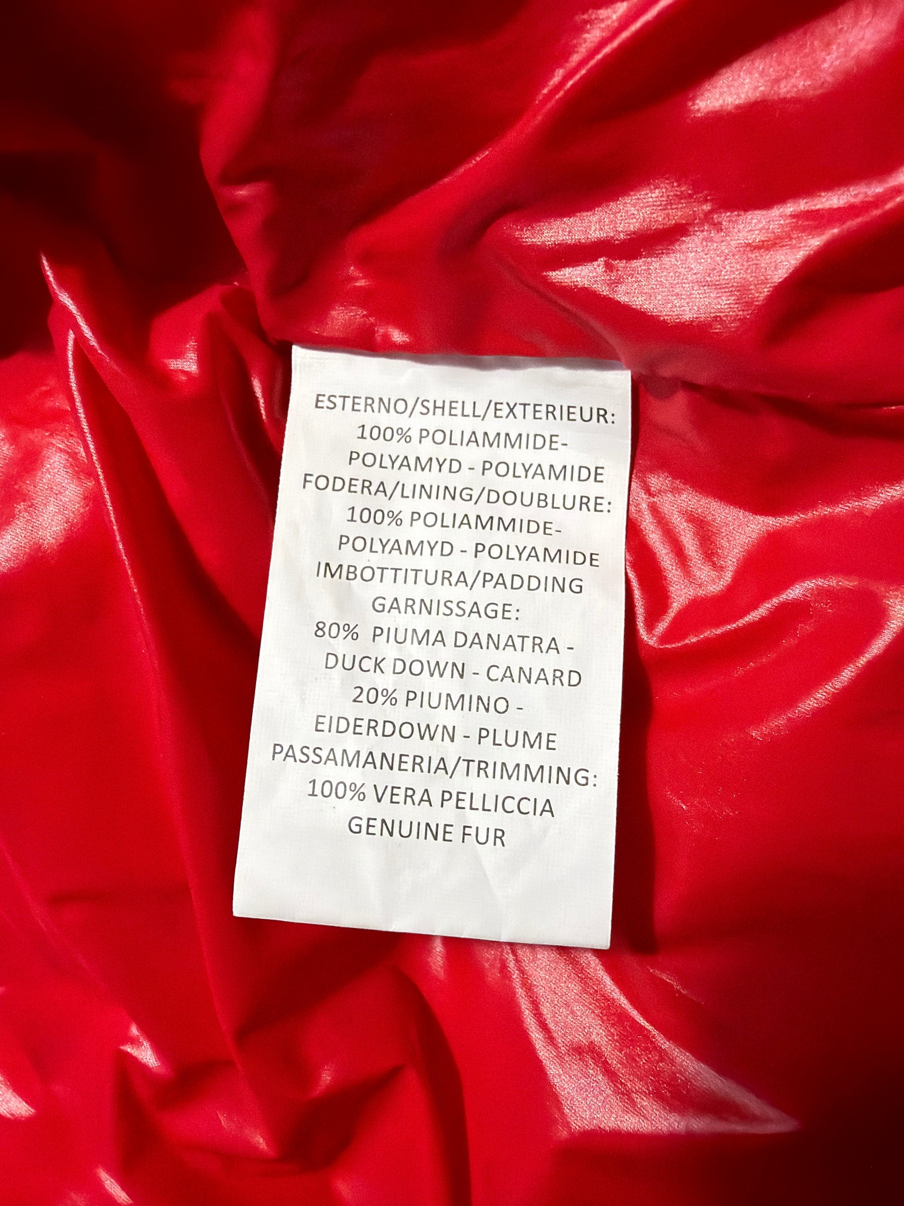 Lolly and Lotus Vivienne Westwood puffer jacket red polyamide fabric care label with duck down and fur trim details
