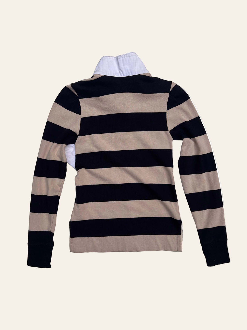 Lolly and Lotus Vivienne Westwood Anglomania x Lee black and beige striped long-sleeve rugby top with white collar.