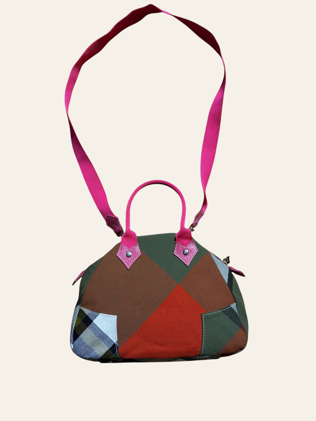 Lolly and Lotus Vivienne Westwood vintage tartan handbag with multicolour patchwork fabric and bright pink trim