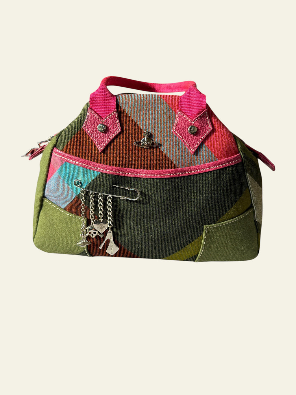 Lolly and Lotus Vivienne Westwood vintage tartan handbag with pink trim, Orb logo, and hanging metal charms.