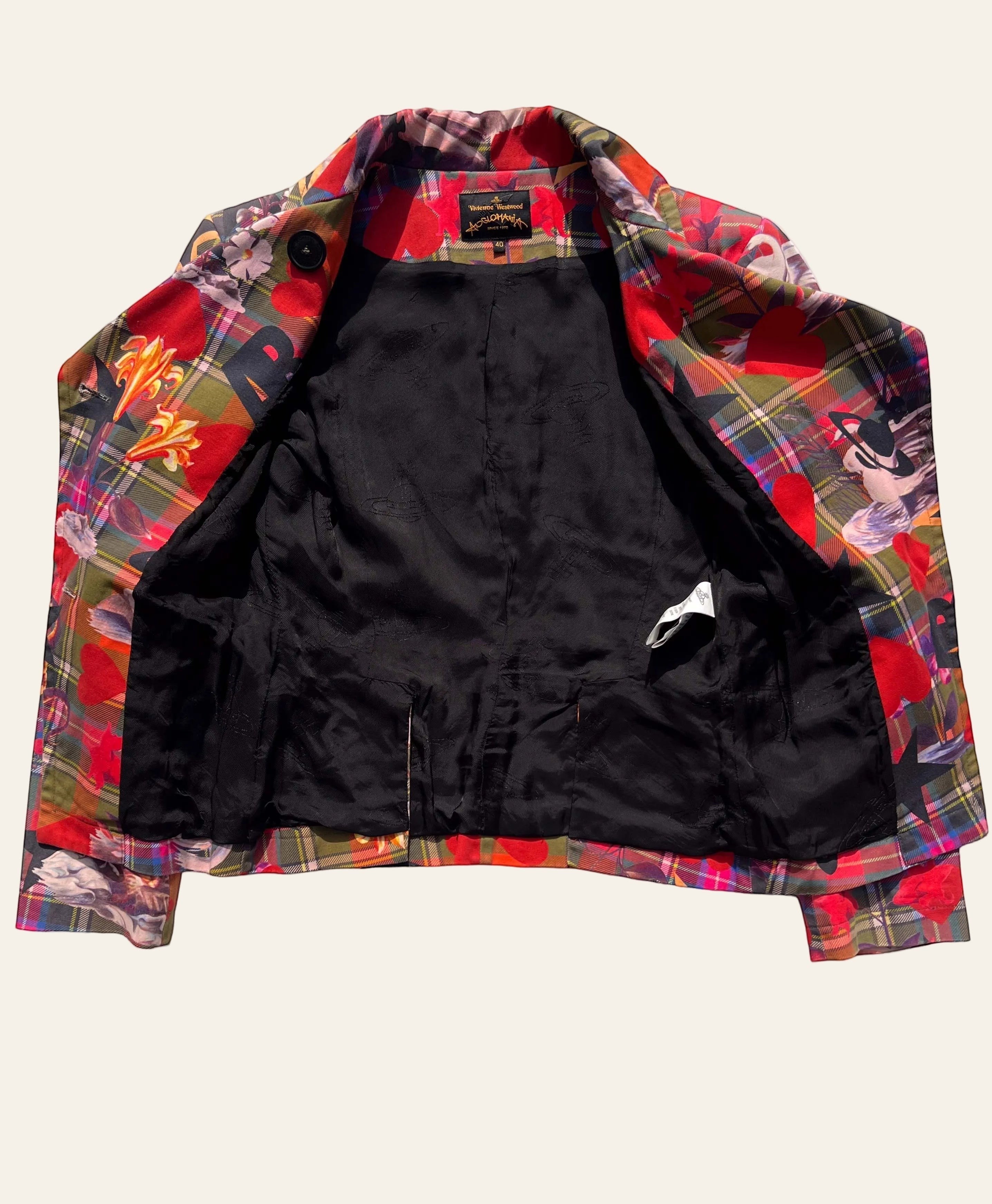 Lolly and Lotus Vivienne Westwood Anglomania cropped tartan jacket featuring hearts, dragons, and orb graphic prints.