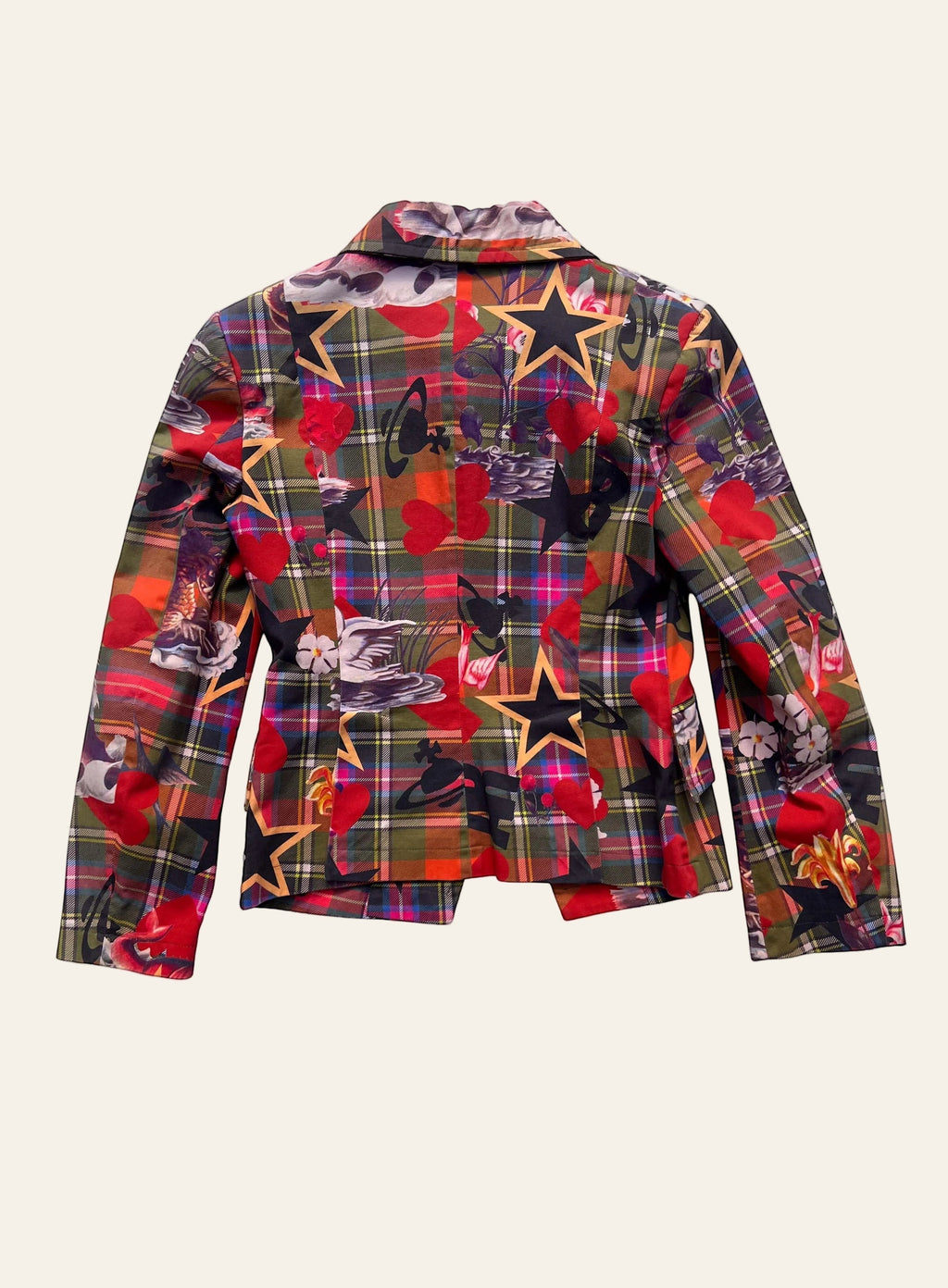 Lolly and Lotus Vivienne Westwood Anglomania cropped jacket featuring a multicolour tartan print with hearts and stars.
