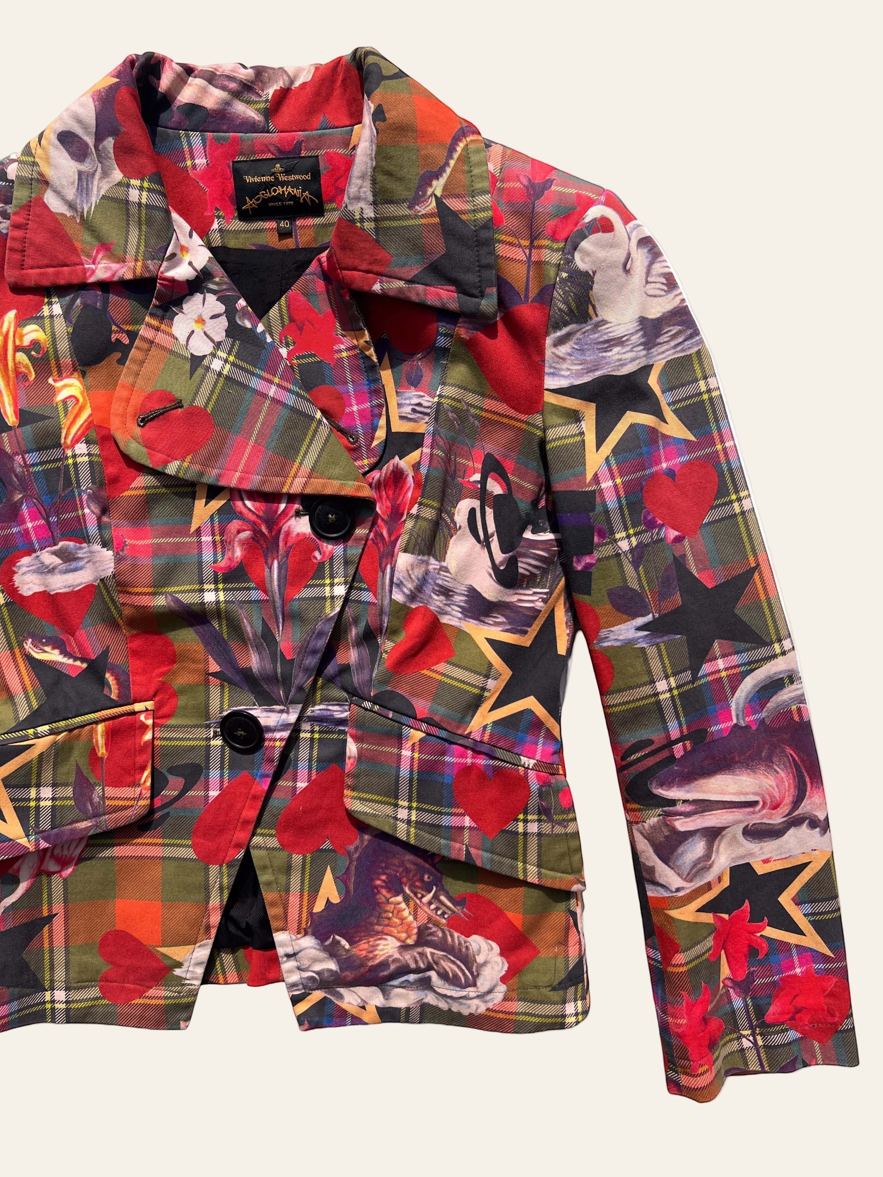Lolly and Lotus Vivienne Westwood Anglomania cropped jacket in multicolour tartan with heart, dragon, and orb print.