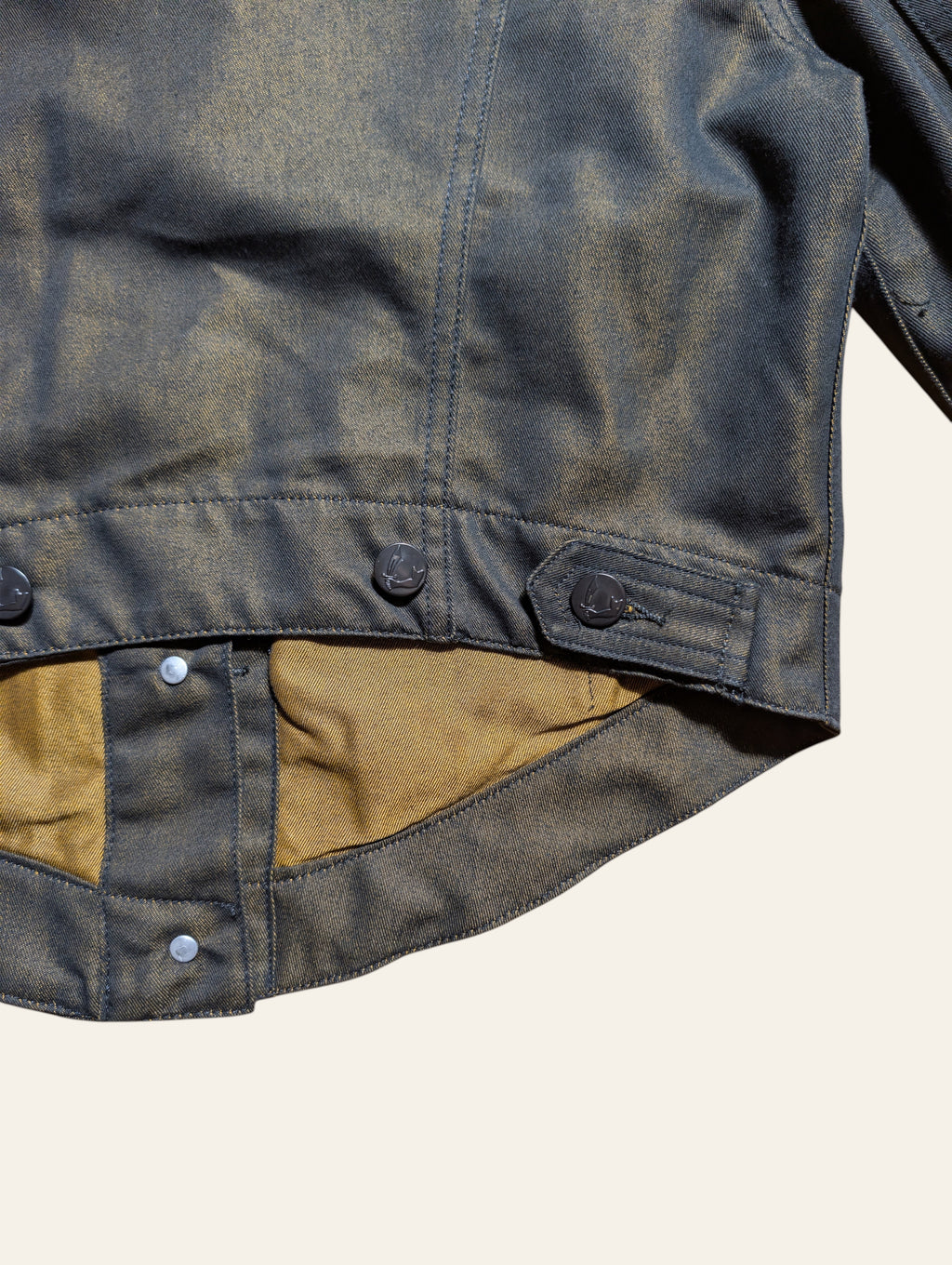 Lolly and Lotus Vivienne Westwood Anglomania trucker jacket in glossy gold and black cotton blend with metal buttons