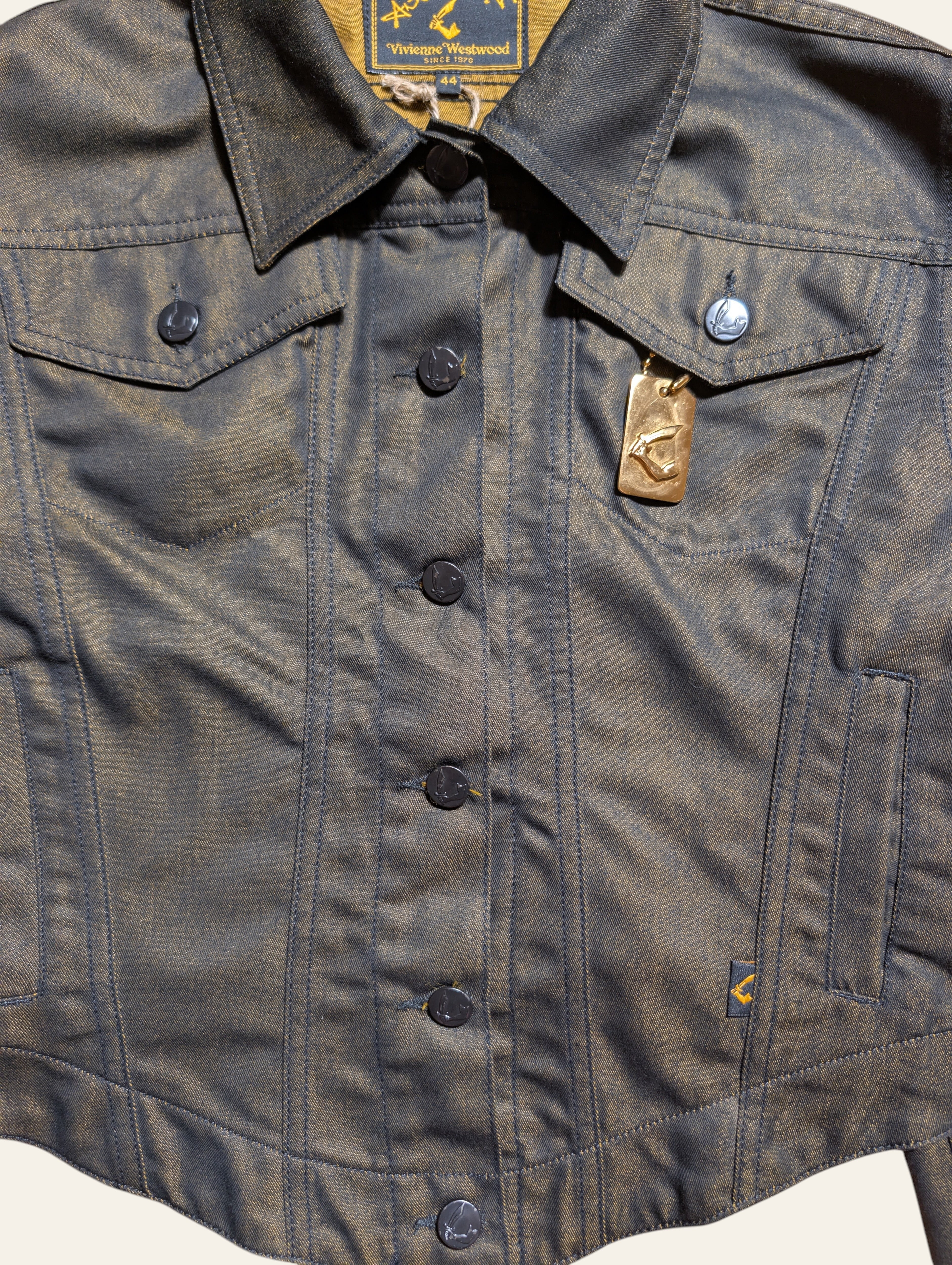 Lolly and Lotus Vivienne Westwood Anglomania mercerised cotton trucker jacket with gold fibre and cutlass dog tag