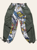 Lolly & Lotus Freedom reworked comic-print and army-surplus cargo trousers, front view.