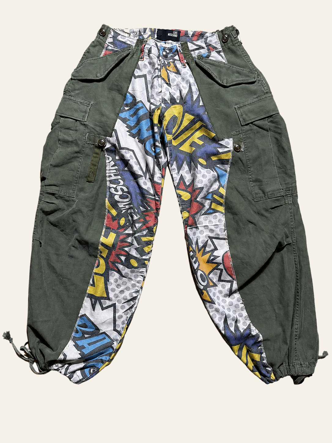 Lolly & Lotus Freedom reworked comic-print and army-surplus cargo trousers, front view.