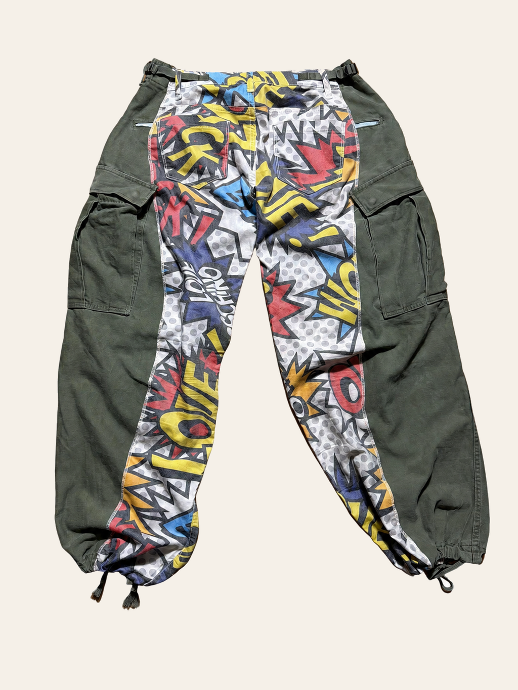 Lolly & Lotus Freedom reworked comic-print and army-surplus cargo trousers, back view.
