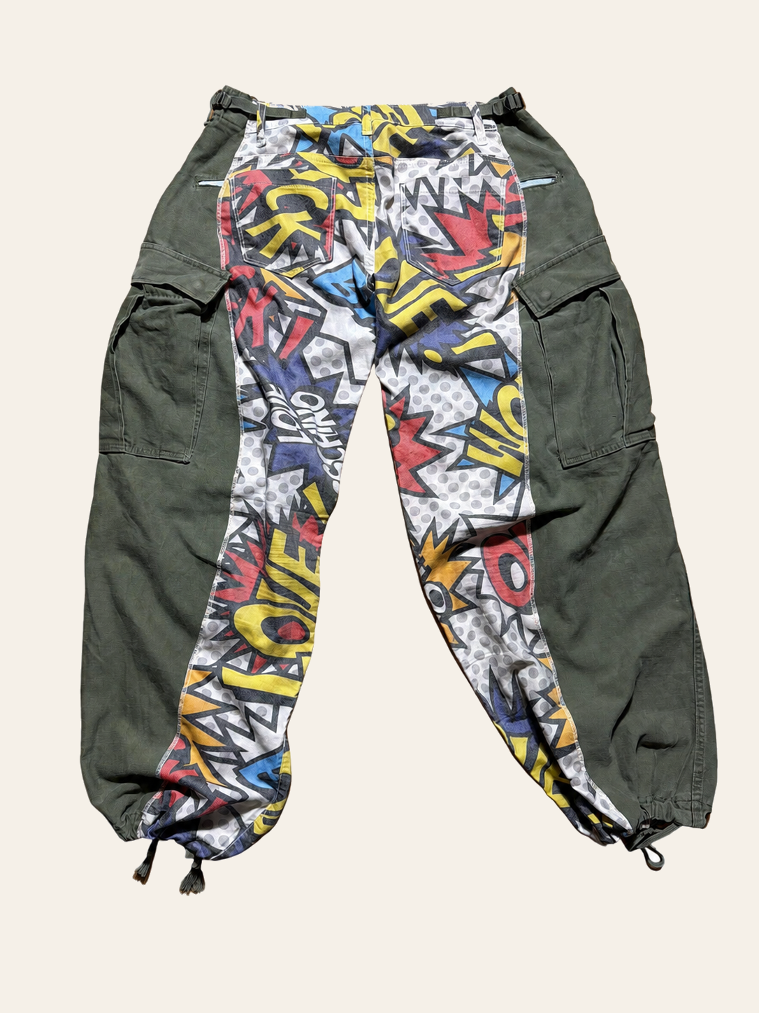 Lolly & Lotus Freedom reworked comic-print and army-surplus cargo trousers, back view.