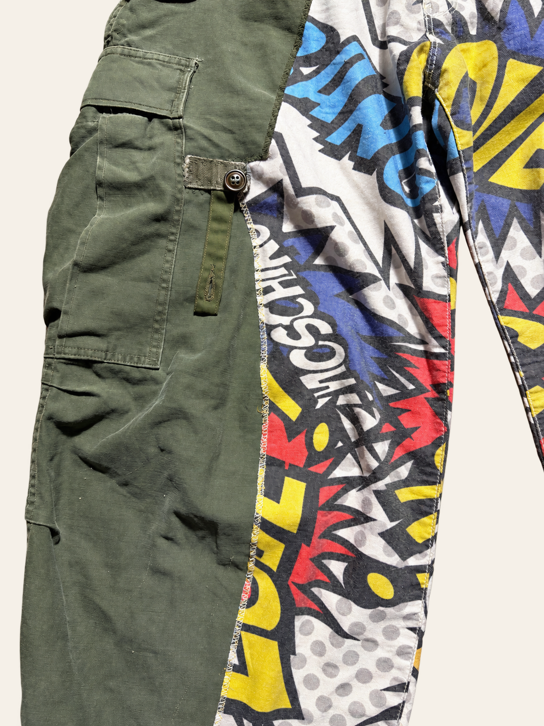 Lolly & Lotus Freedom reworked cargo trousers, comic-print panel and utility pocket detail.