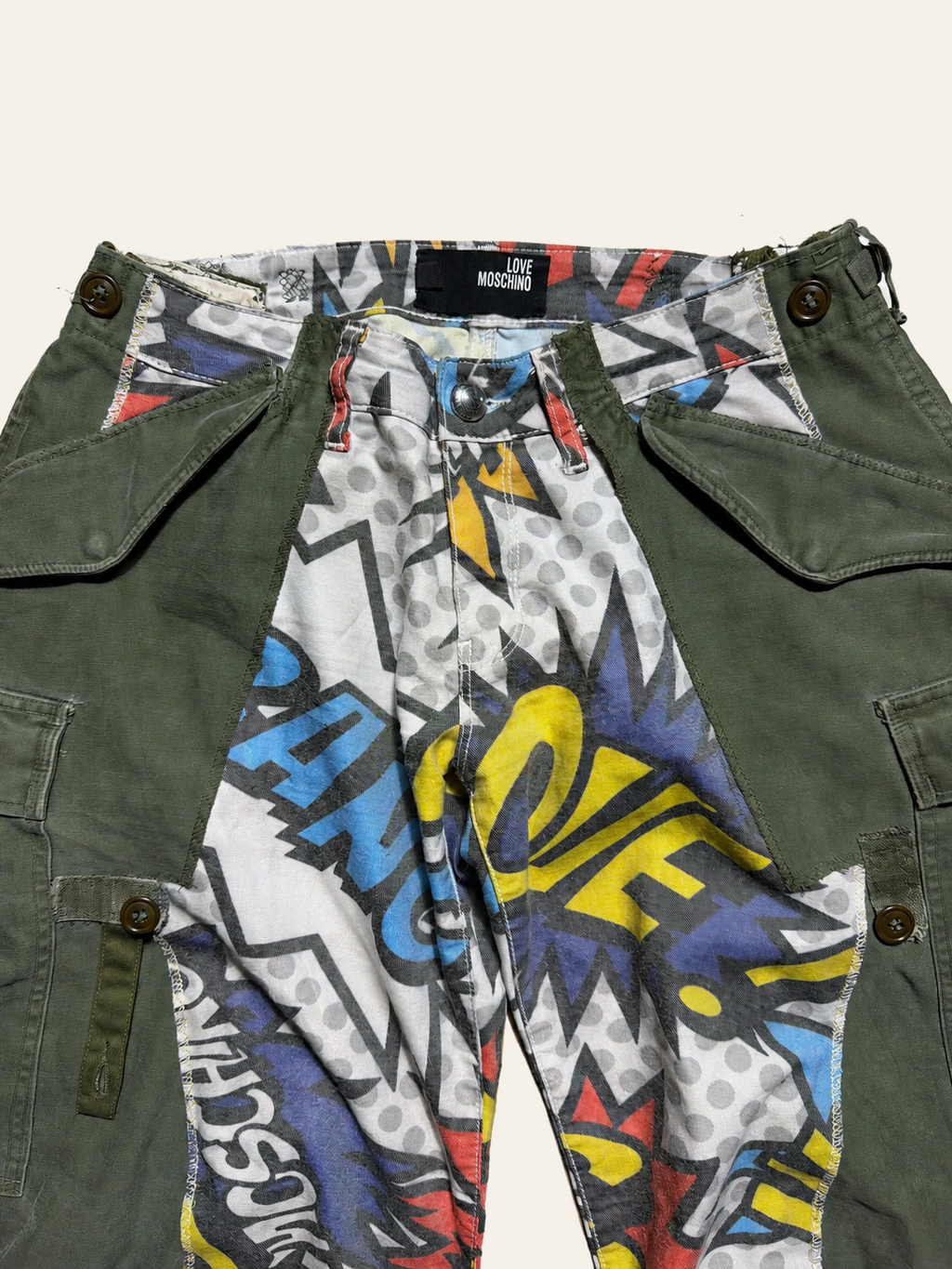 Lolly & Lotus Freedom reworked cargo trousers, adjustable waist and front panel detail.