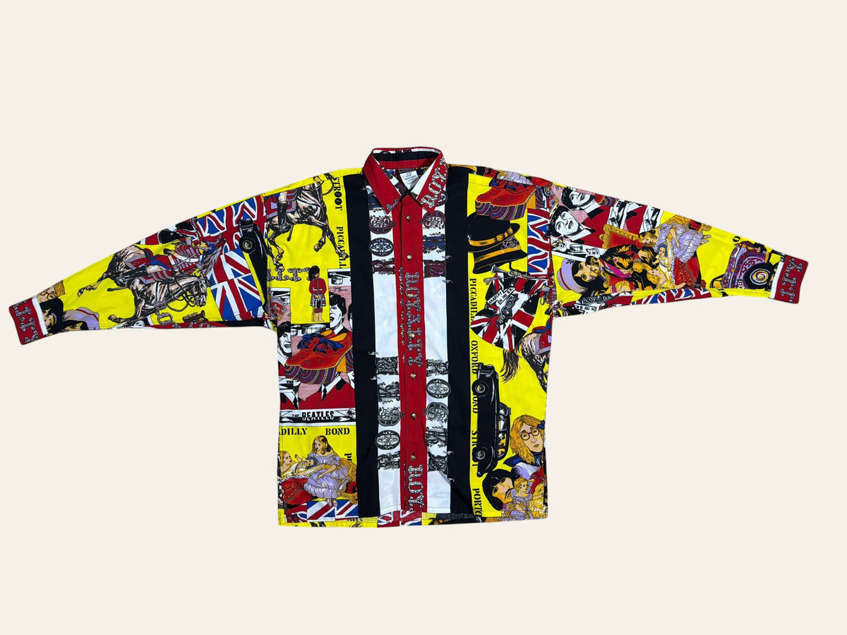 vintage Versace dress shirt featuring a yellow Beatles and Sex Pistols all-over print with gold buttons.
