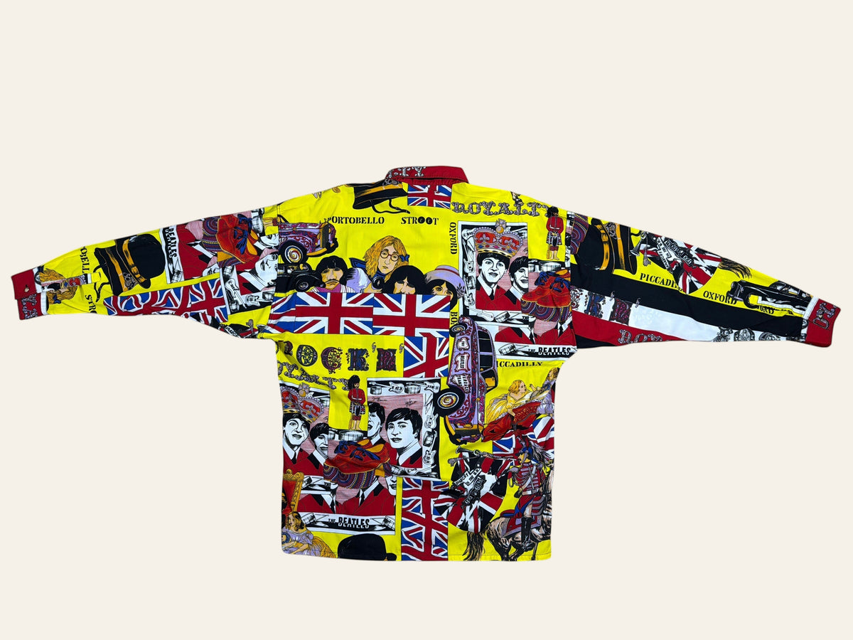 vintage Versace dress shirt featuring a yellow all-over Beatles and Sex Pistols print with Union Jack.