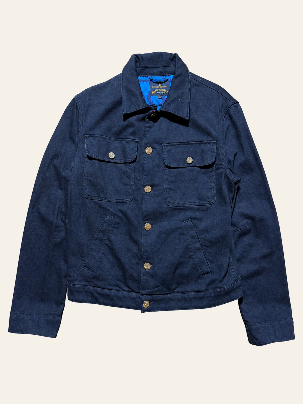 Vivienne Westwood Anglomania dark washed trucker jacket, flat front view.