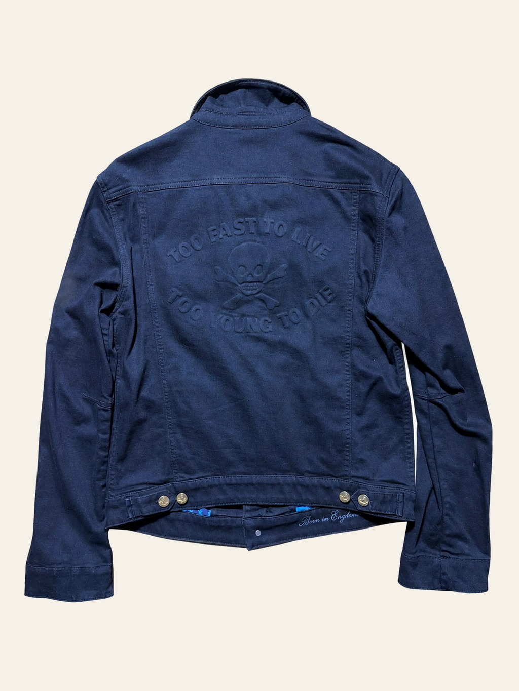 Vivienne Westwood Anglomania Too Fast to Live Too Young to Die jacket, flat back view.