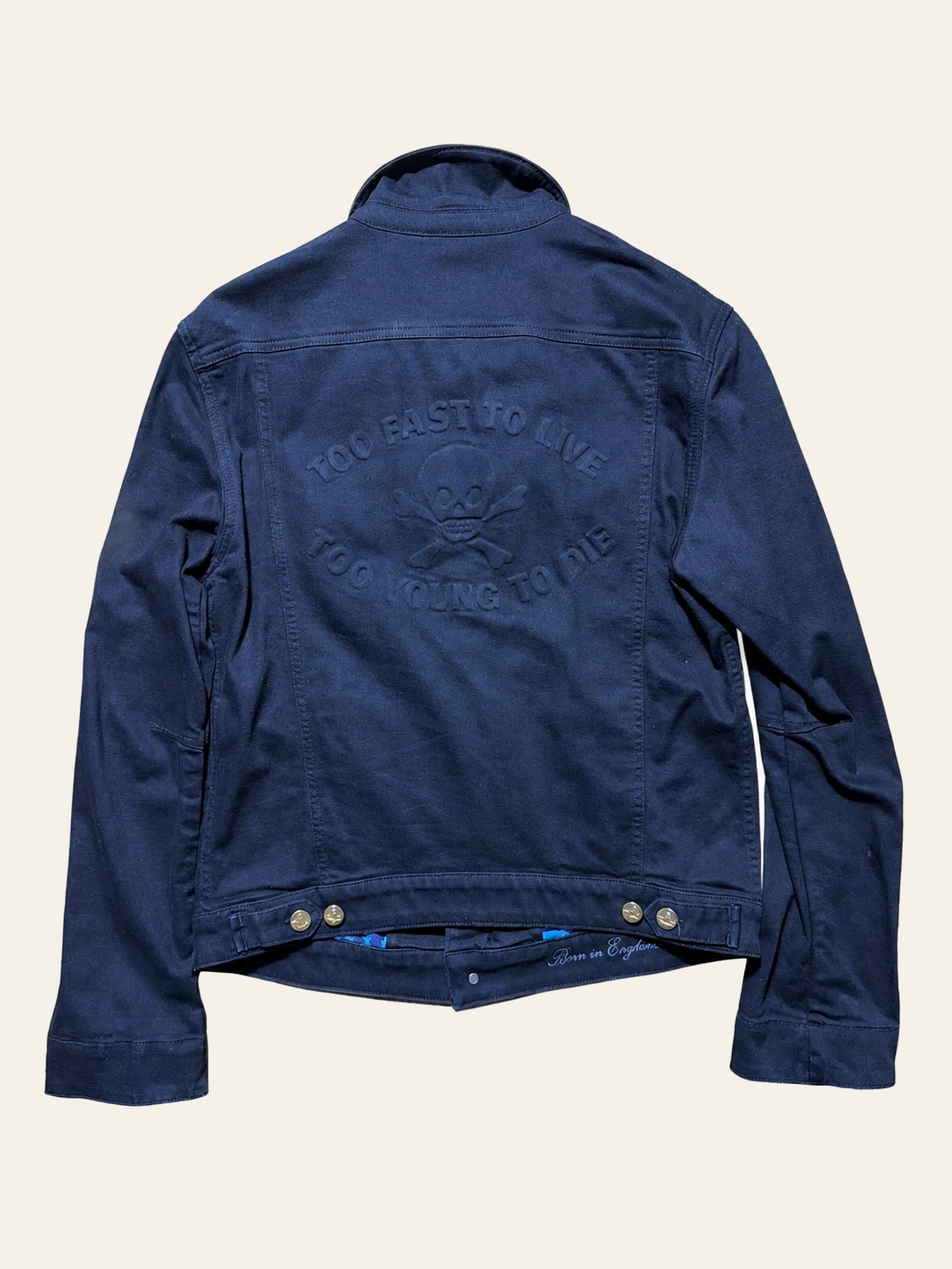 Vivienne Westwood Anglomania Too Fast to Live Too Young to Die jacket, flat back view.