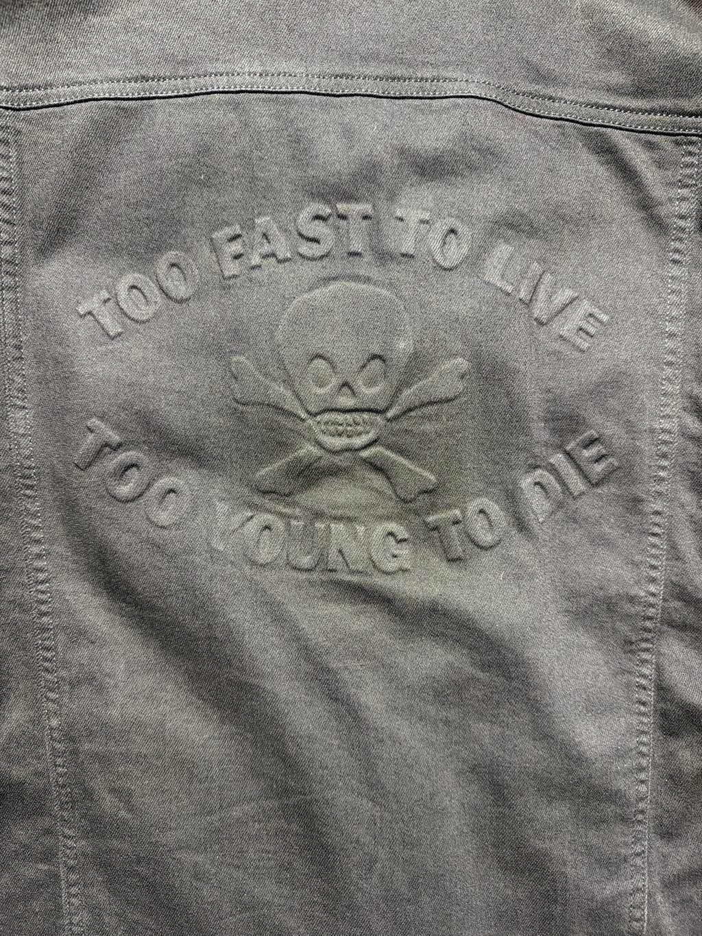 Vivienne Westwood Anglomania jacket, embossed Too Fast to Live Too Young to Die skull back detail.