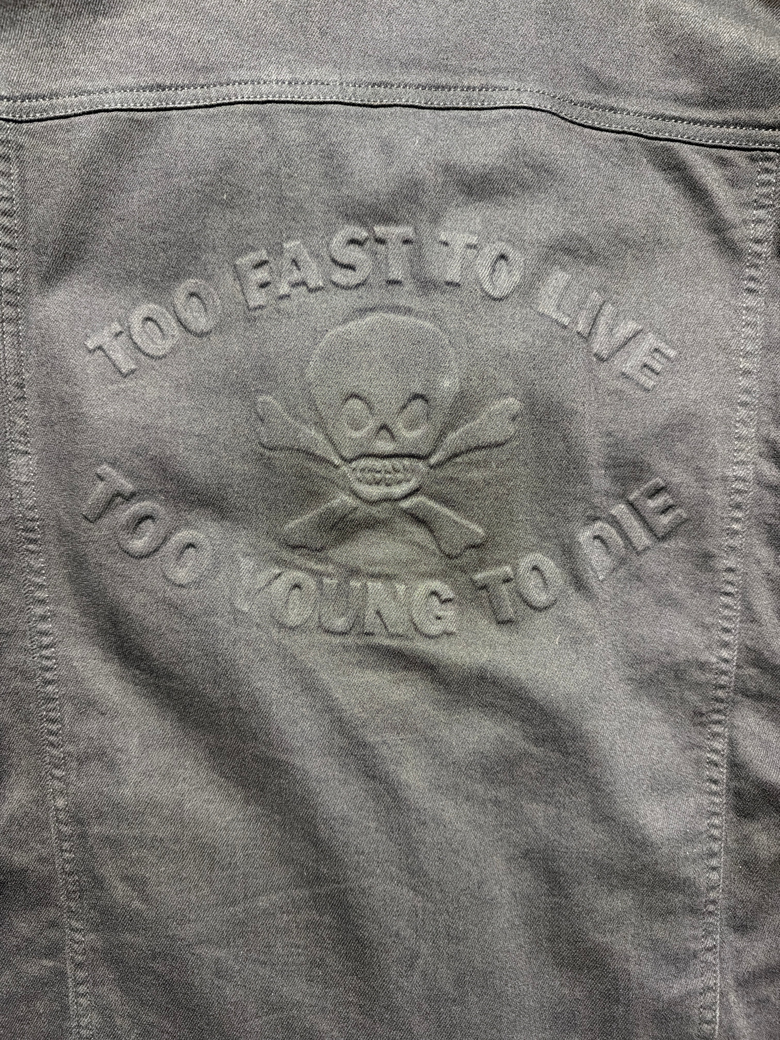 Vivienne Westwood Anglomania jacket, embossed Too Fast to Live Too Young to Die skull back detail.