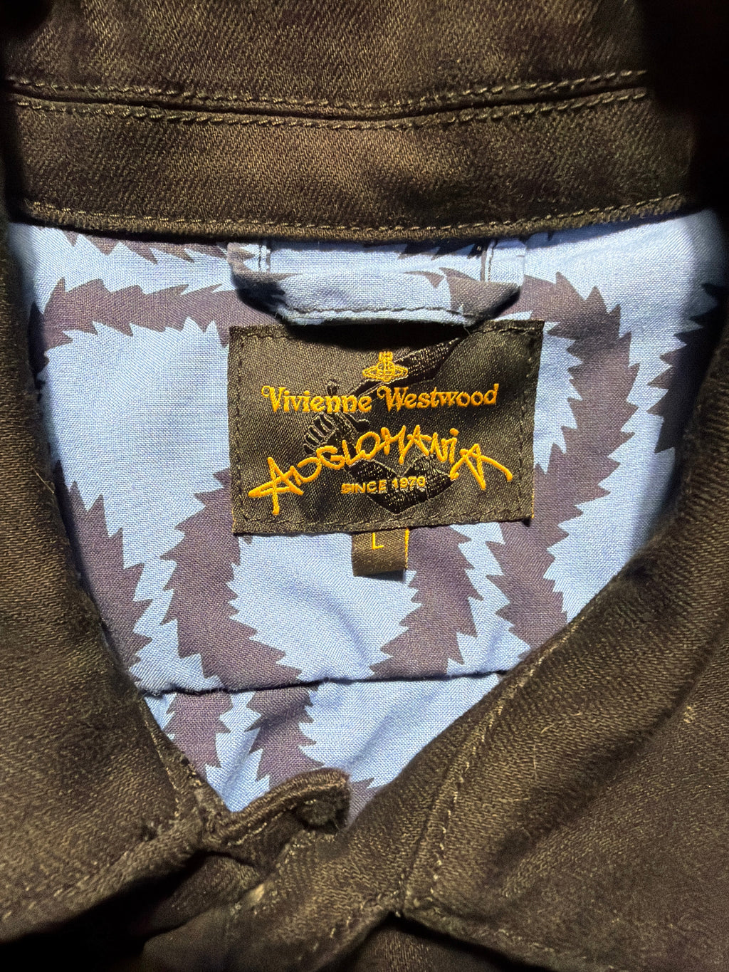 Vivienne Westwood Anglomania garment label showing tagged size L.