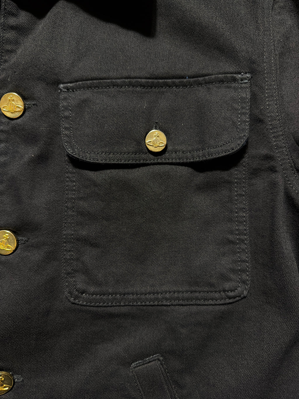 Vivienne Westwood Anglomania jacket, chest pocket and gold-tone Orb button detail.