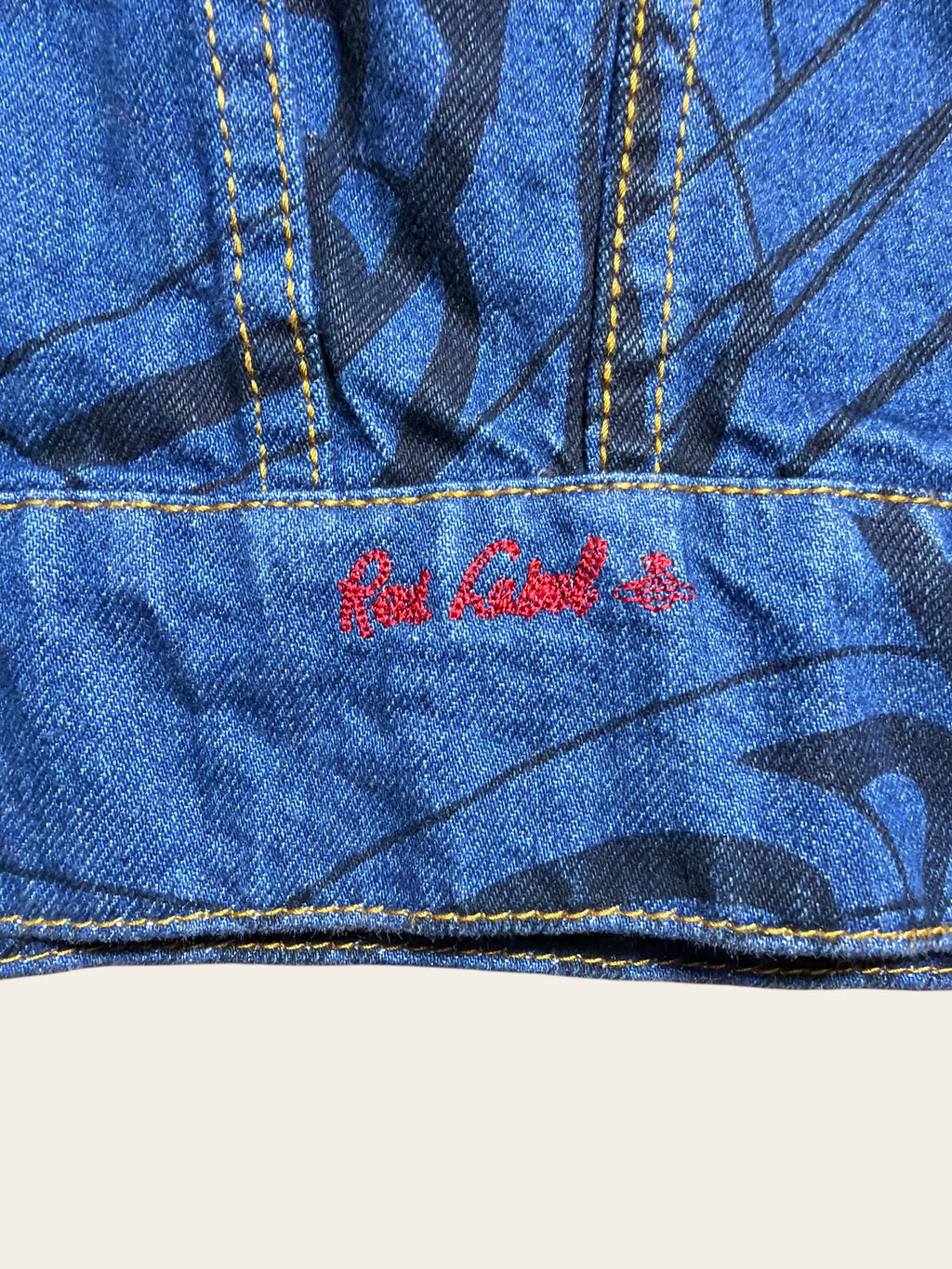Vivienne Westwood Red Label blue denim jacket with black graphic print and red embroidered logo