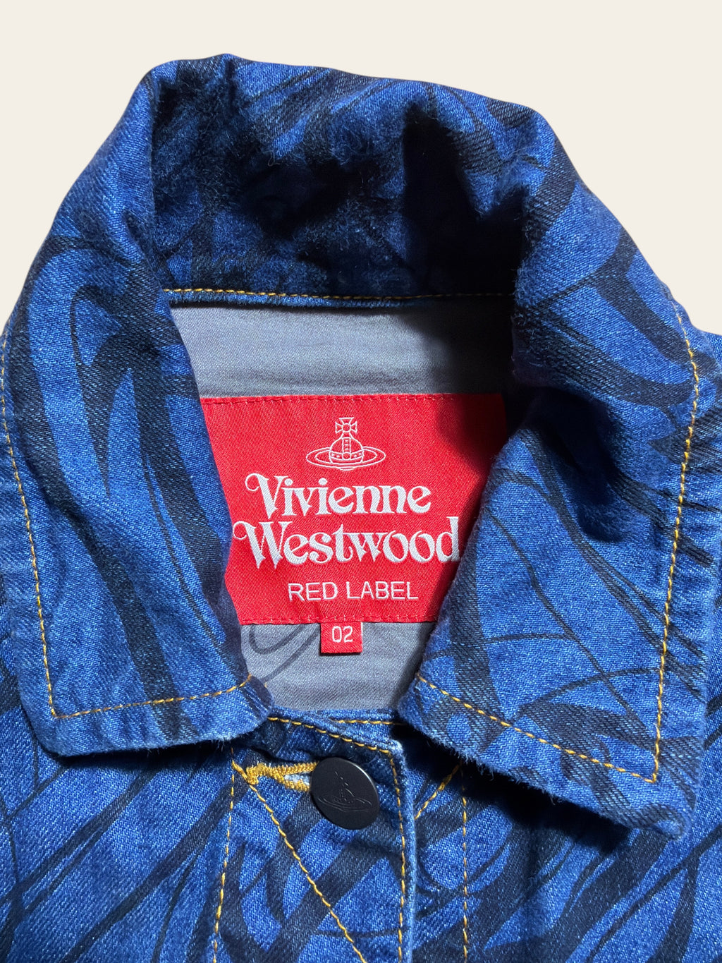 Vivienne Westwood Red Label denim jacket with blue and black graphic print and collar detail