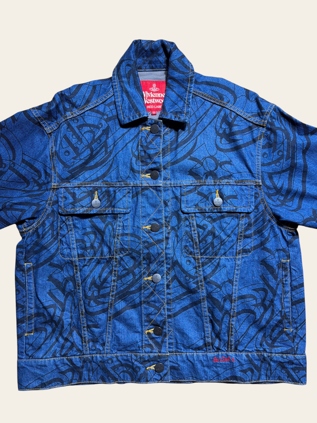 Vivienne Westwood Red Label blue denim jacket with black graphic print and button-up front