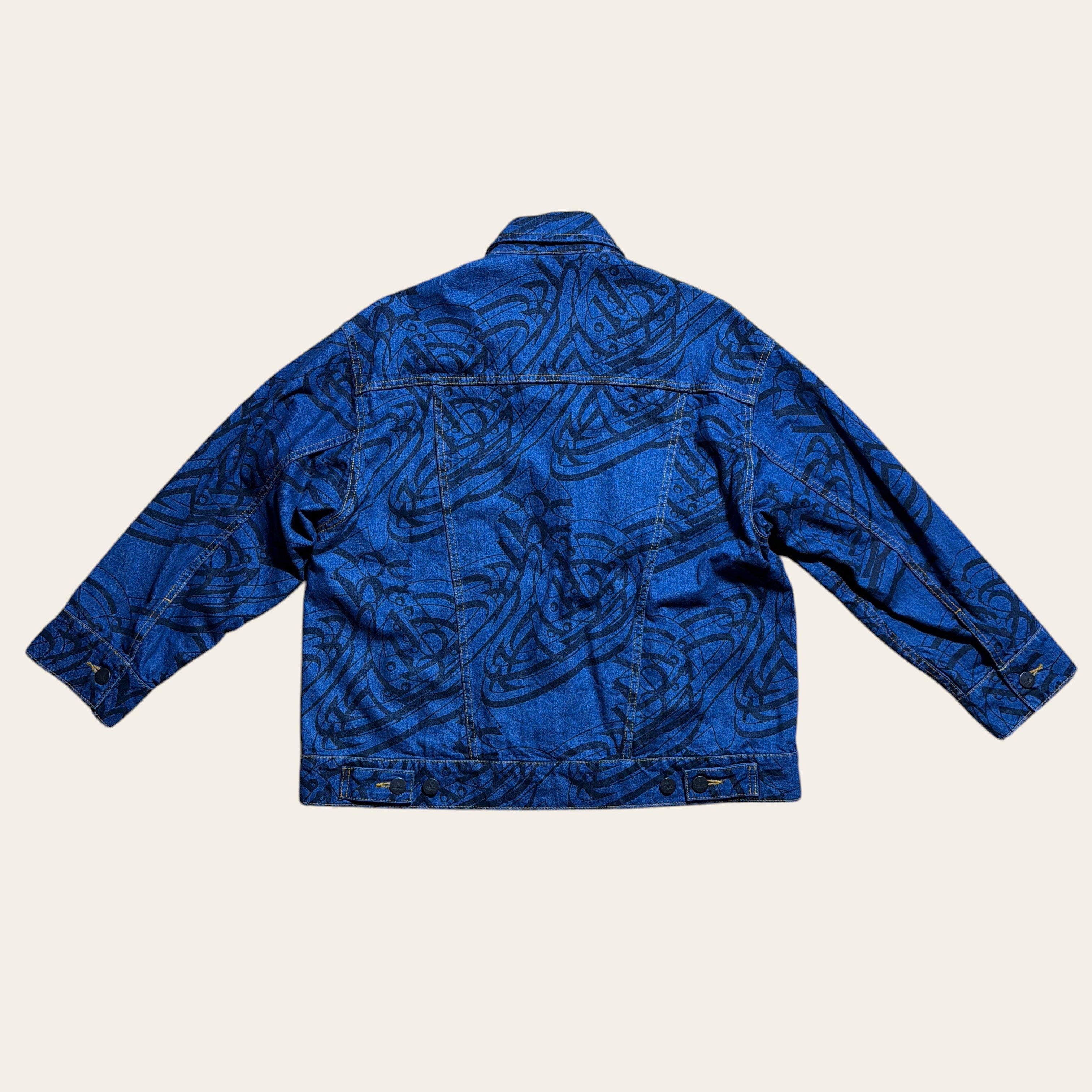 Vivienne Westwood blue denim jacket featuring an all-over black graphic orb print on the back