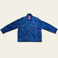 Vivienne Westwood blue denim jacket with black graphic print, button-up front, and collar.