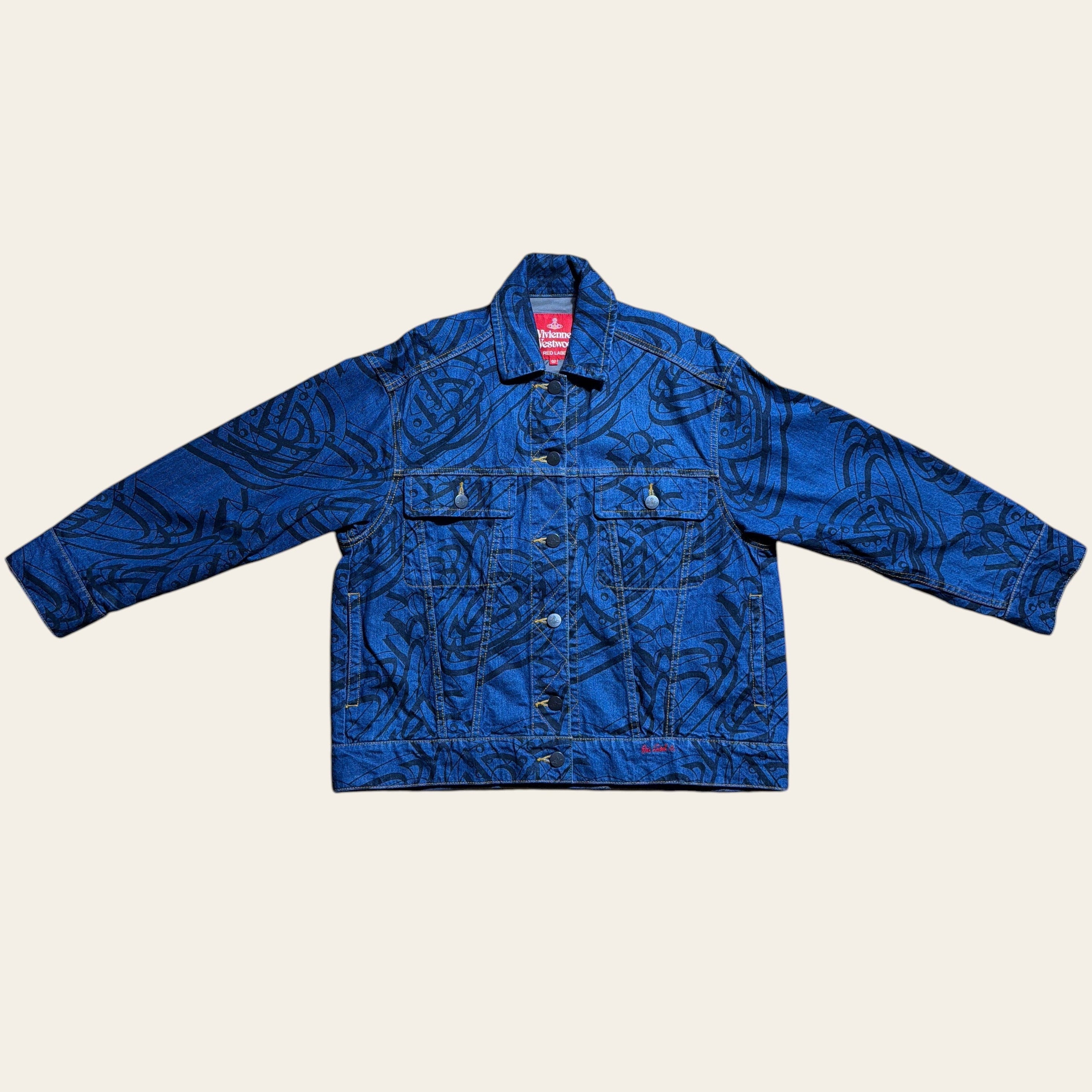 Vivienne Westwood blue denim jacket with black graphic print, button-up front, and collar.