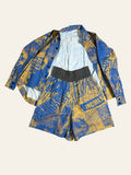 Vivienne Westwood Anglomania blue and yellow graphic print shirt and matching shorts set.